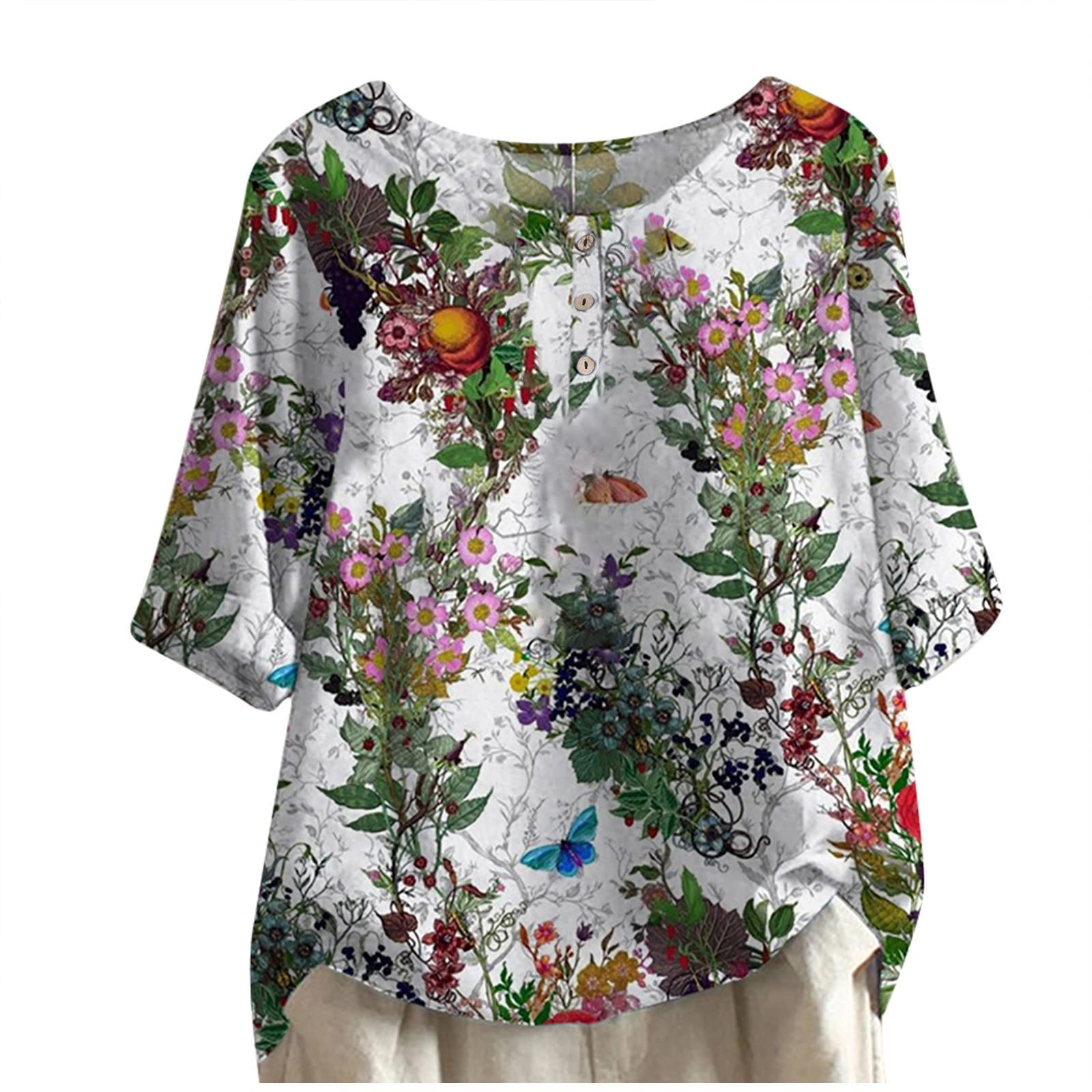 Vintage Floral Print T-Shirt for Women - Casual 3/4 Sleeve Top for Daily Wear