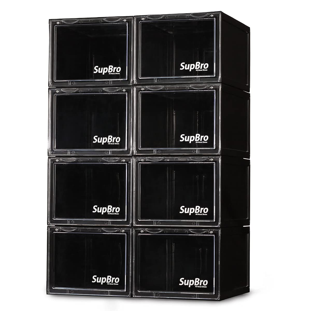SupBro 8-Pack Stackable Shoe Storage Boxes - Clear Front Door Plastic Sneaker Display Organizer - Foldable & Durable for Easy Access Shoe Collection | Perfect for Closet, Bedroom, and Sneakerhead Display Organization
