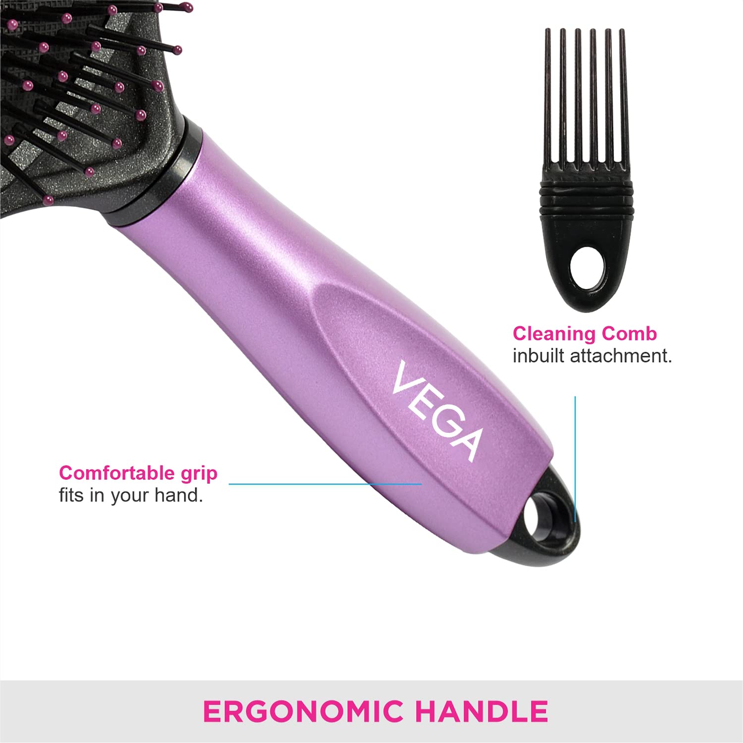 Vega Cushioned Hair Brush with Cleaning Comb - India's No.1 Hair Brush for Men & Women (E18-CB) - Detangling, Styling & Scalp Massage for All Hair Types
