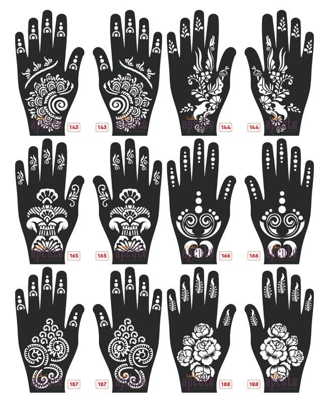 APCUTE 12-Piece Combo Pack Henna Tattoo Stencils - Easy Mehndi Design Stickers for Women, Girls & Kids (Patterns 143-188) - Perfect for Parties, Weddings & Festive Body Art