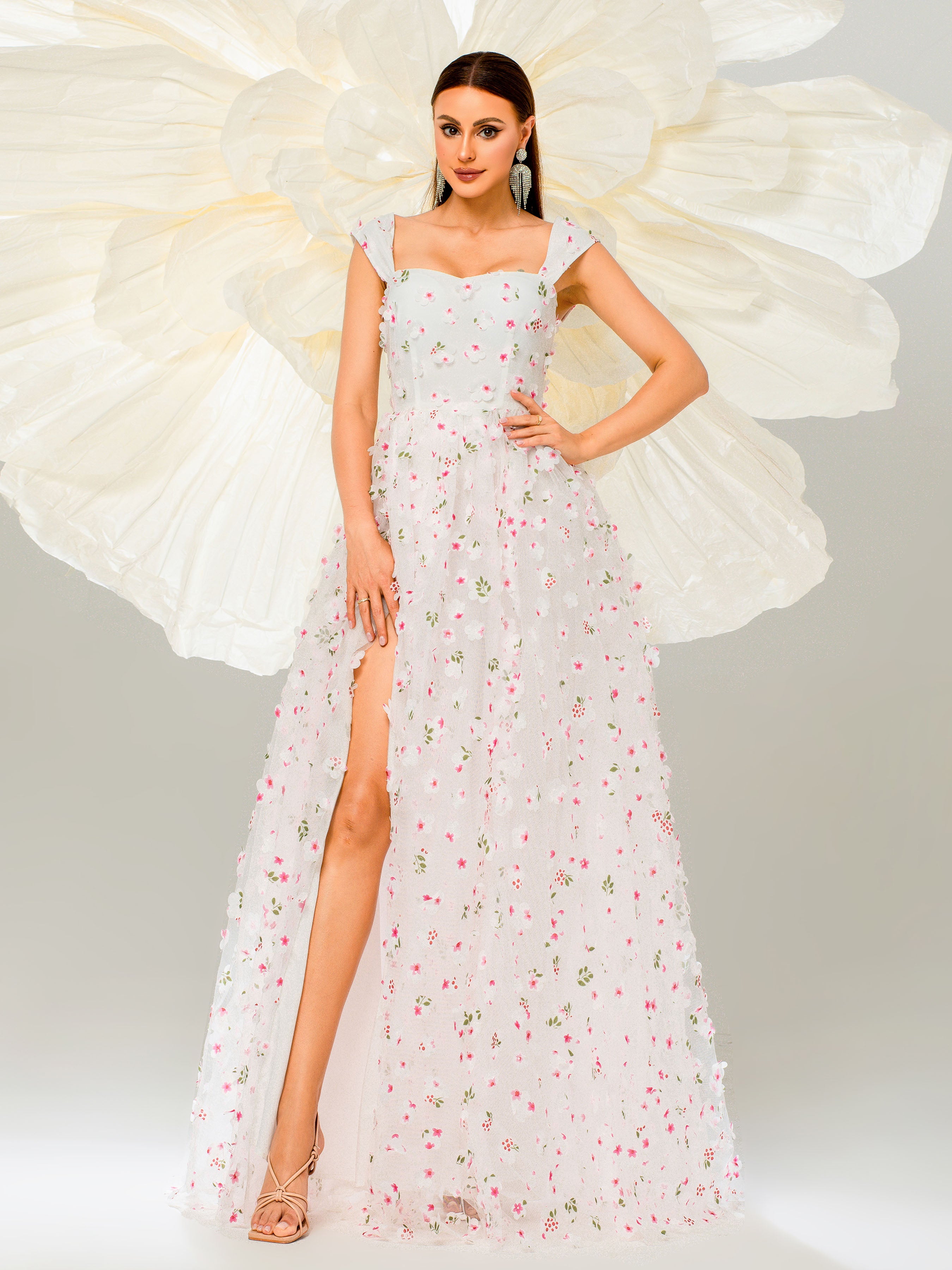 Elegant Appliqued Pink Camisole Floral Tulle Dress for Women - Perfect for Weddings, Parties & Special Occasions