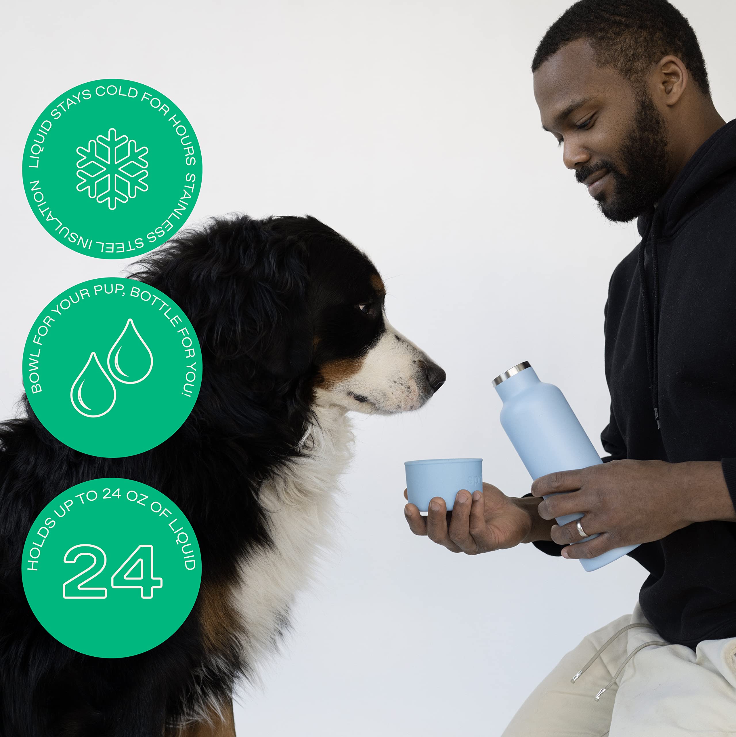 Springer Dog and Me 24oz Stainless Steel Insulated Water Bottle - Keeps Cold for 12+ Hours, Leak-Proof Portable Dog Water Bottle with Built-in Travel Bowl for Hiking, Camping, and Outdoor Adventures - Lilac/Green