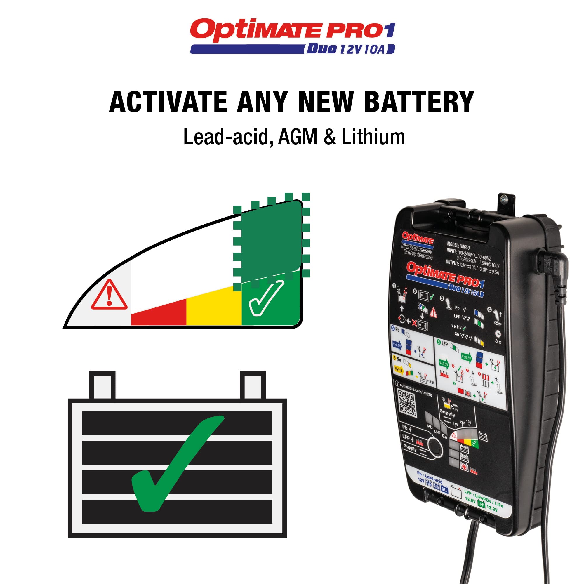 Tecmate OptiMate PRO-1 DUO 11-Step 12V/12.8V High Performance Battery Charger, Tester & Maintainer for Motorcycle, Car, ATV - Black | Ideal for Winter Storage & Long-Term Vehicle Maintenance