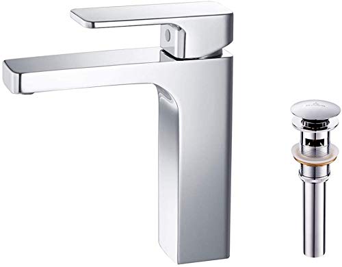 Brass Square Single Handle Bathroom Vanity Sink Faucet with Pop-Up Drain Set - Chrome Lavatory Sink Faucet Combo for Modern Bathroom & Powder Room Renovation