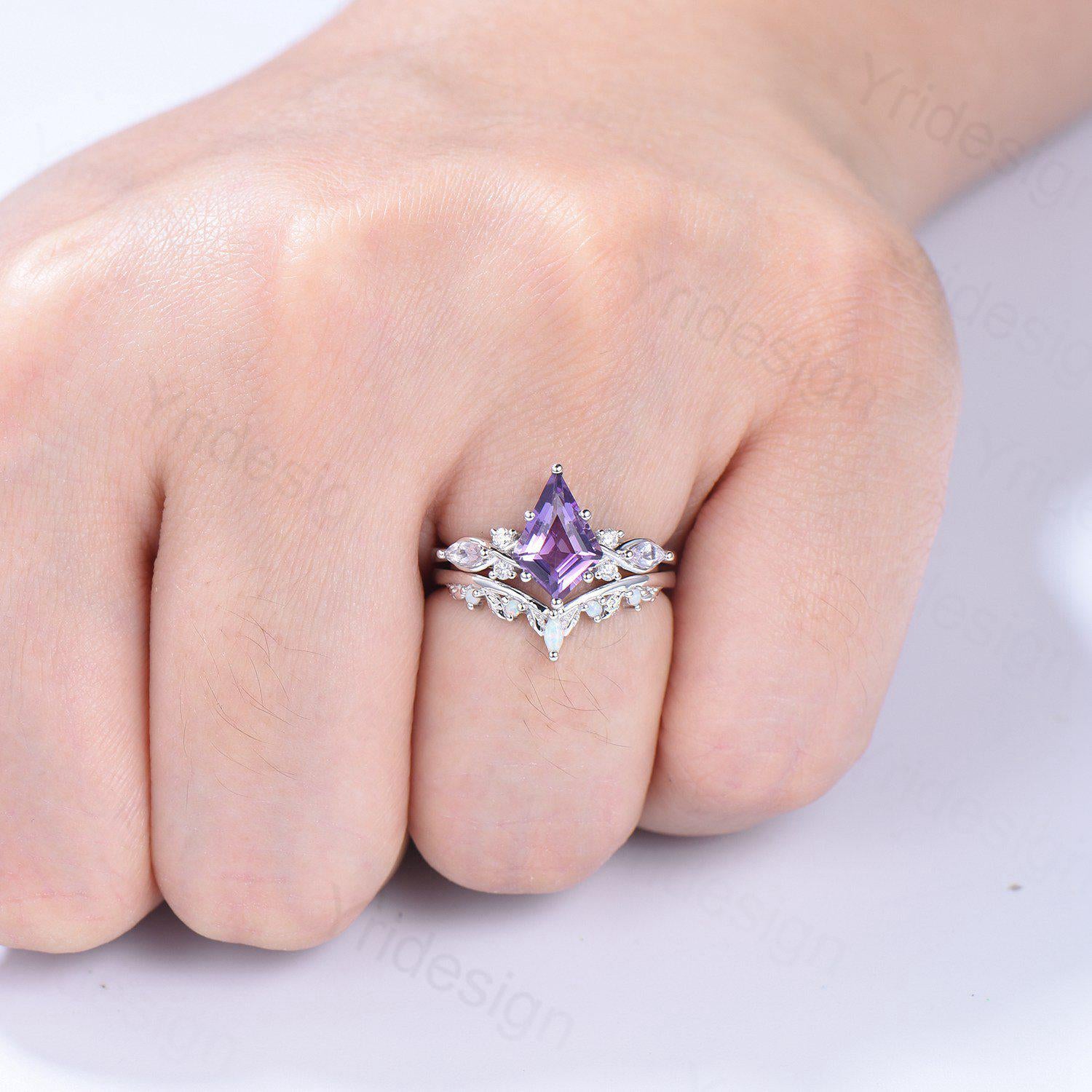1.5CT Kite Cut Amethyst Engagement Ring Set for Women - Marquise Lavender Amethyst Wedding Band with Opal Leaf Stacking Ring - Birthstone Jewelry for Anniversary, Proposal & Special Occasions
