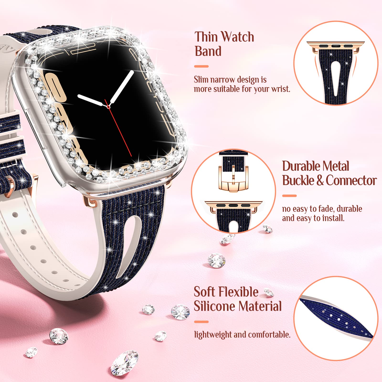 Goton Bling Band Case - Compatible with Apple Watch 46mm 42mm 45mm 44mm 41mm 40mm 38mm (Series 10/9/8/7/SE/6/5/4/3/2) - Women's Glitter Rhinestone Silicone Strap with Bumper Cover - Perfect for Workouts, Parties & Everyday Fashion Accessory
