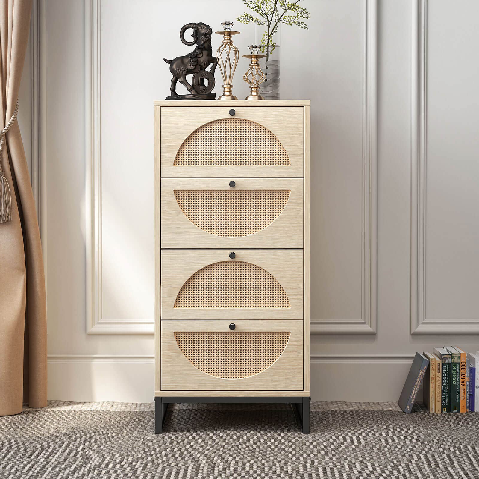 Angel Sar Tall Rattan Cabinet with 4 Drawers - Wood Rattan Dresser & Sofa Table with Metal Base for Living Room, Dining Room, Entryway - Perfect for Home Storage and Stylish Organization