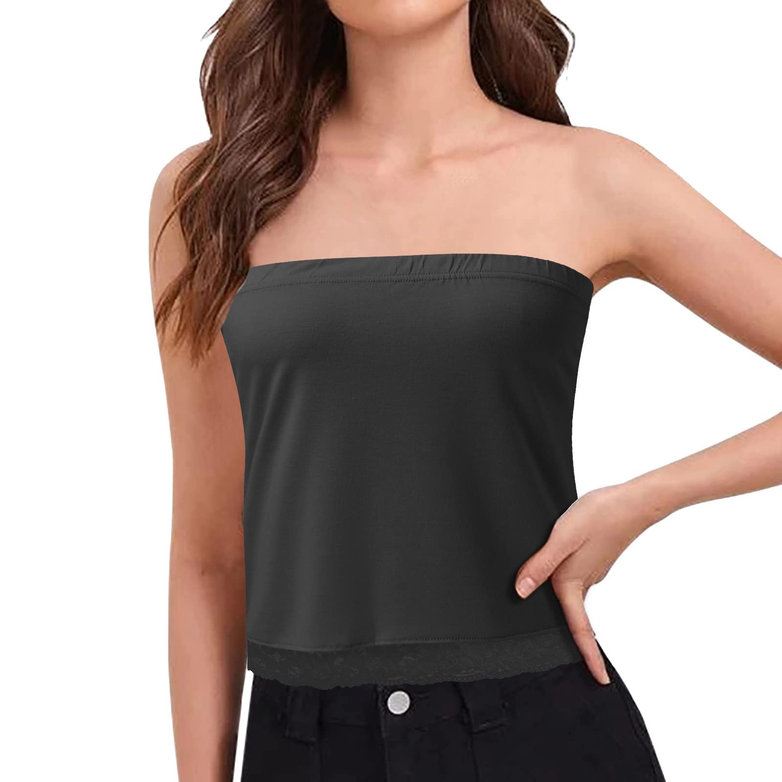 Women's Summer Casual Solid Color Lace Panel Bandeau Top - Black Dancewear for Club, Beach & Music Festivals | Breathable Comfort Fit for Hot Weather