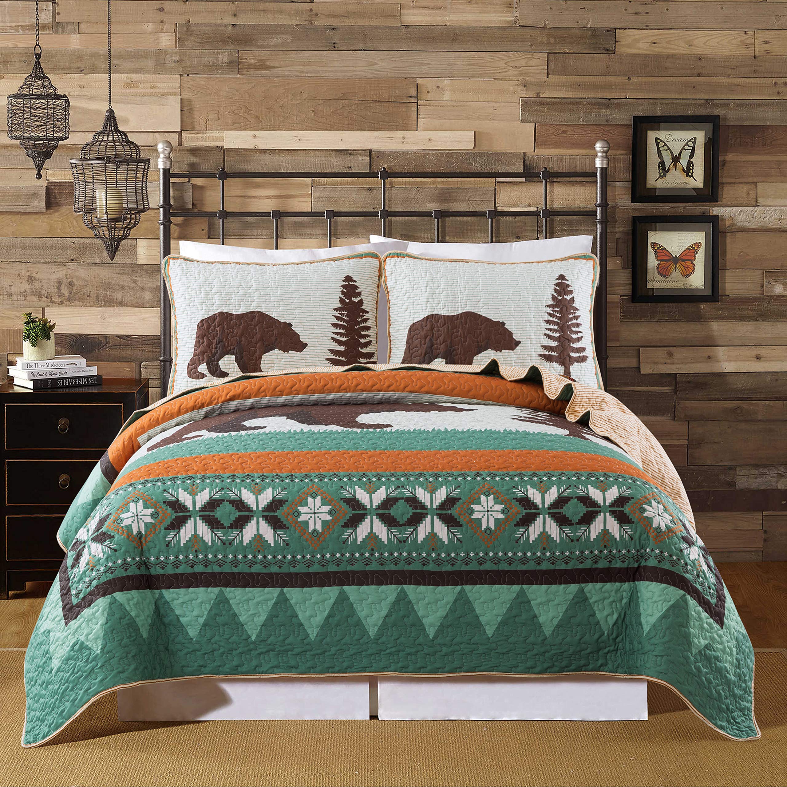 Rustic Bear Country Twin Quilt Set with 1 Sham - Nature Themed Bedding for Lake House, Cabin & Lodge | Fishing & Wilderness Inspired Comforter Coverlet | Perfect for Cozy Cabin Retreats & Outdoor Enthusiasts