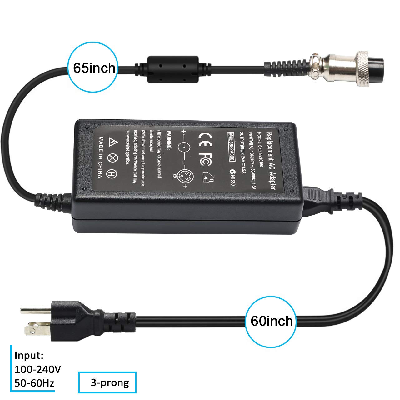 Trimnpy E100 E200 24V 1.5A Electric Scooter Battery Charger - Compatible with Razor E200S E125 E175 E225 E300 E325 E150 E500 MX350 MX400 ZR350, Sports Mod, Pocket Mod, Dirt Quad Bike - 3-Prong Inline Power Supply - Perfect for Home, Outdoor, and Commuting Use