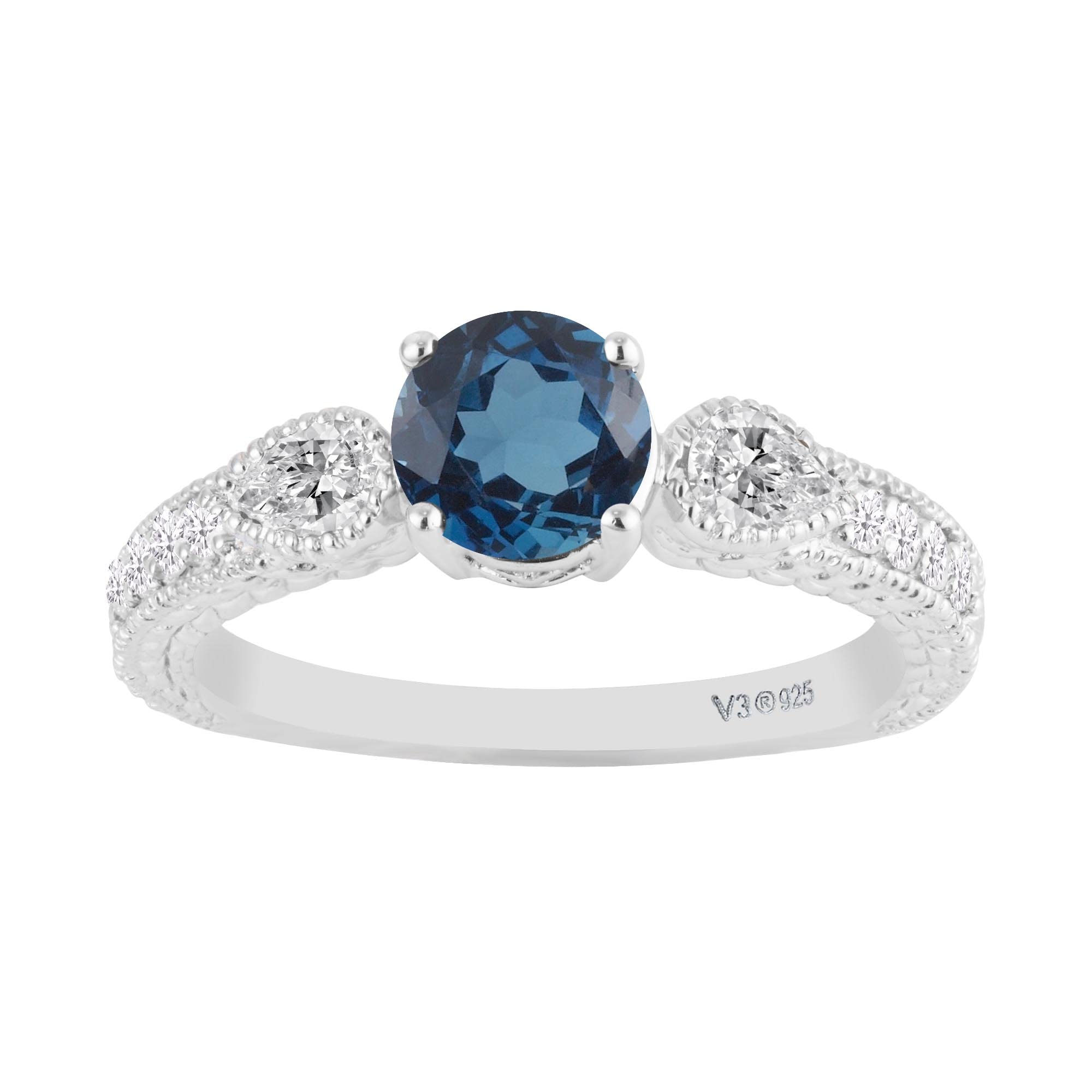 Natural London Blue Topaz & White Topaz Sterling Silver Three Stone Ring with Zircon Accents – Perfect for Engagement, Anniversary & Special Occasion Jewelry Gifts