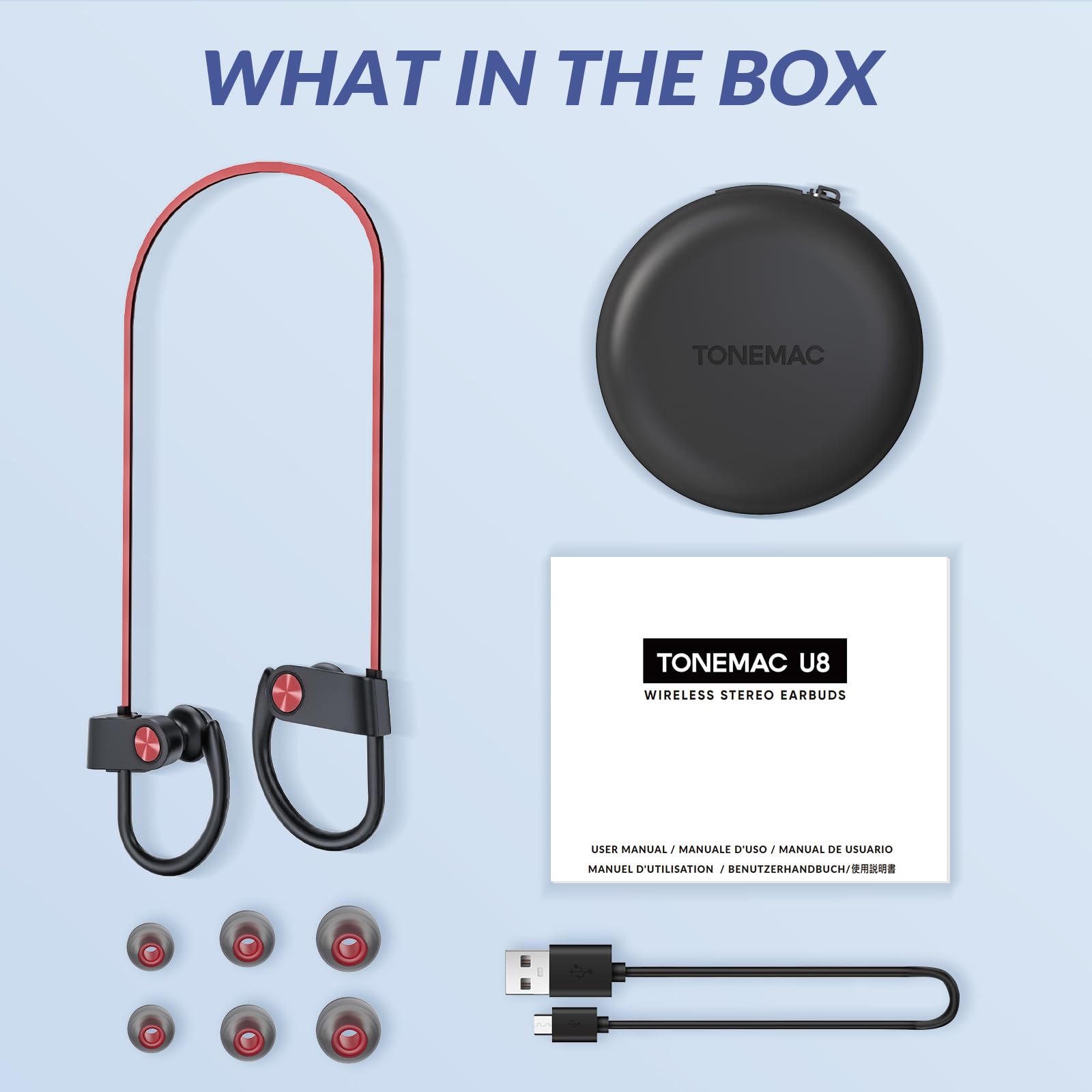 TONEMAC U8 Wireless Earbuds - IPX7 Waterproof, 15H Playtime for Gym Running