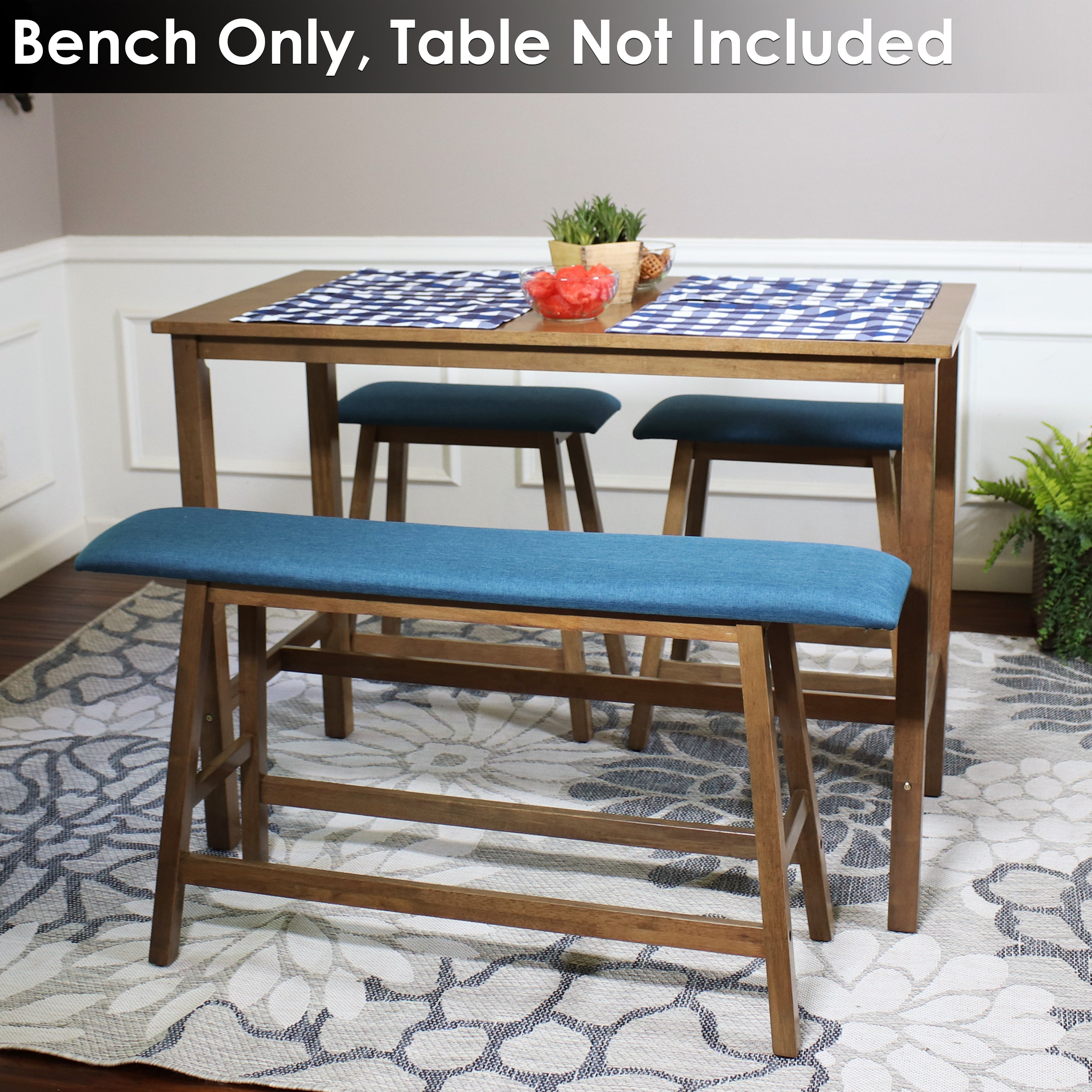 Sunnydaze Weathered Oak Wooden Counter Height Dining Bench with Blue Cushion - Perfect for Kitchen Islands, Breakfast Nooks & Outdoor Patio Dining