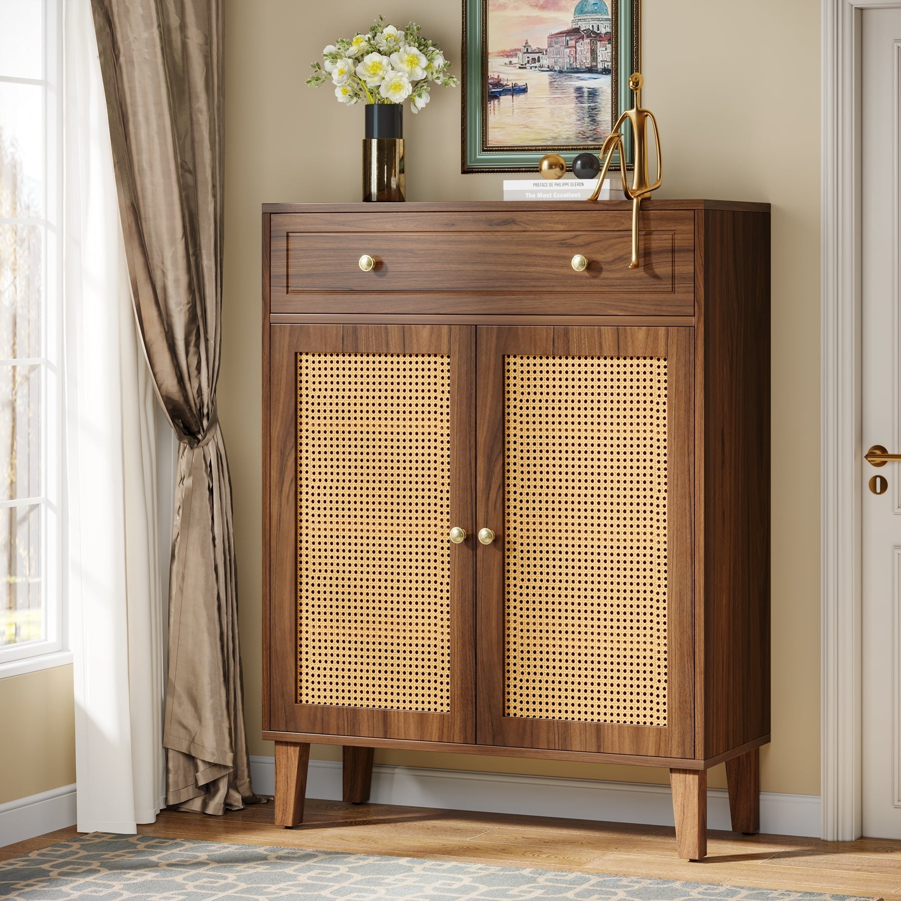 Solid Wood Storage Cabinet Sideboard with Adjustable Shelves & Drawer - Modern Farmhouse Furniture for Dining Room, Living Room, or Entryway Organization