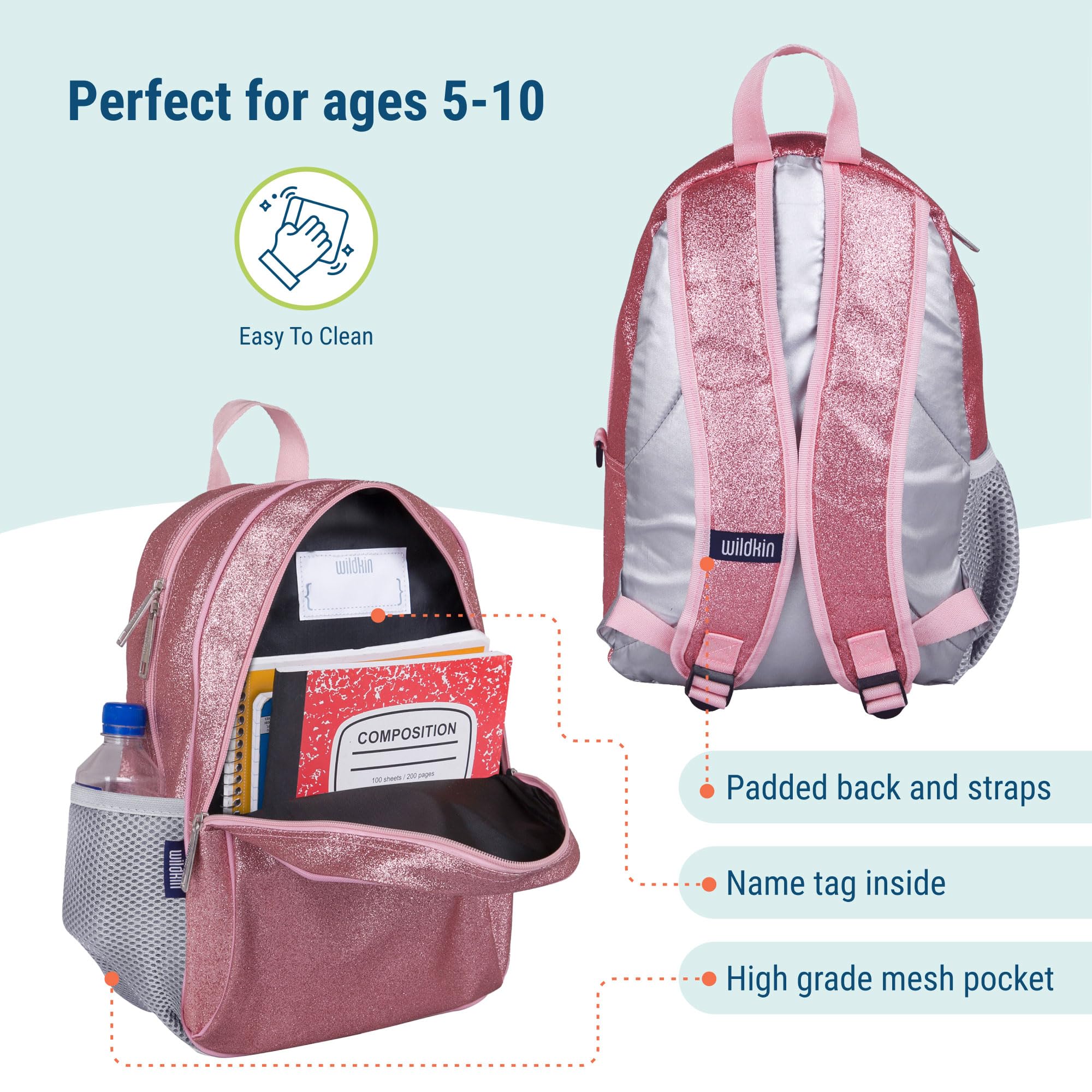 Wildkin 15-inch Kids Backpack for School & Travel - Durable, Padded, Adjustable Shoulder Straps - Pink Glitter Backpack for Girls - Perfect for Elementary Students, Day Trips & Sleepovers