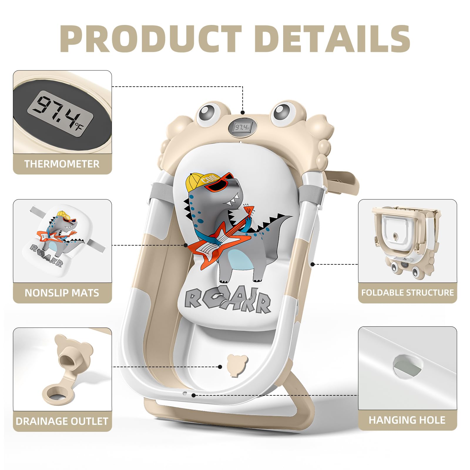 Foldable Baby Bathtub with Temperature Monitor & Floating Cushion - Portable Infant to Toddler Bath Tub (0-36 Months) for Newborns - Ideal for Home, Travel & Daycare Use (Beige)