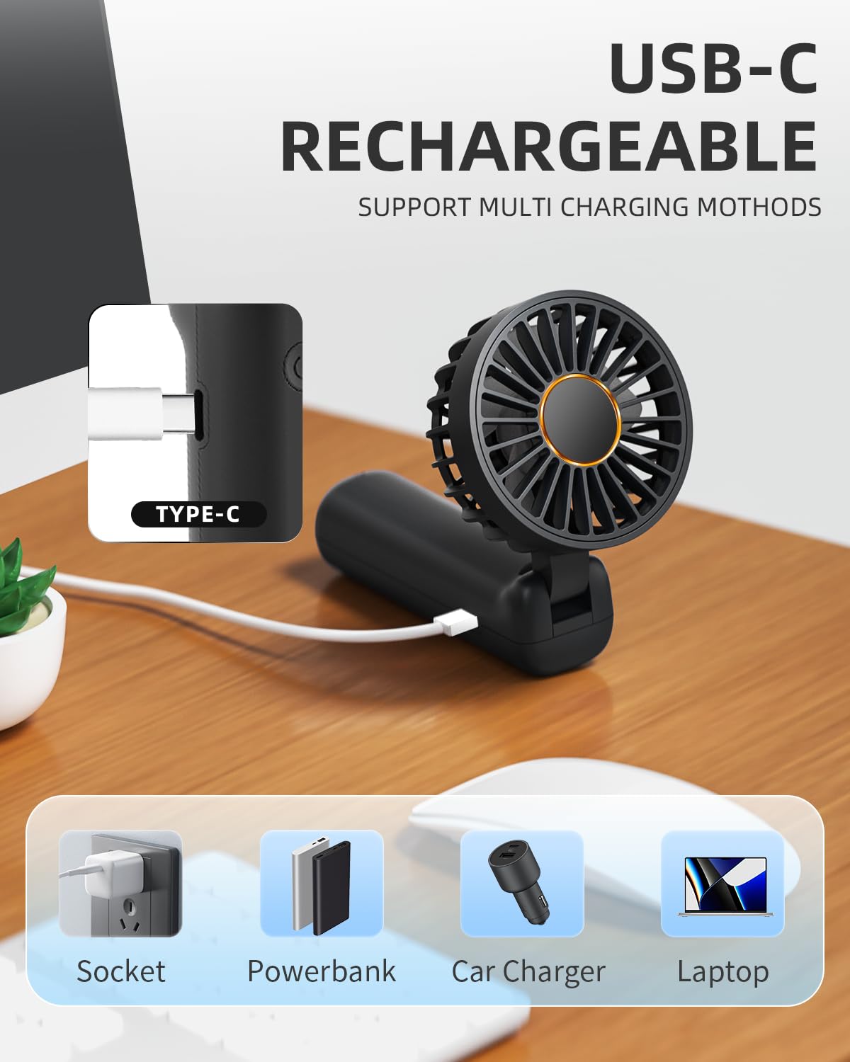 FrSara Portable Handheld Fan with 2000mAh Battery - Neck Fan, Mini Desk Fan, 3-Speed Adjustable, Ultra Quiet USB Rechargeable Personal Cooling Fan (Black) - Perfect for Office, Travel, Outdoor Activities & Phone Charging