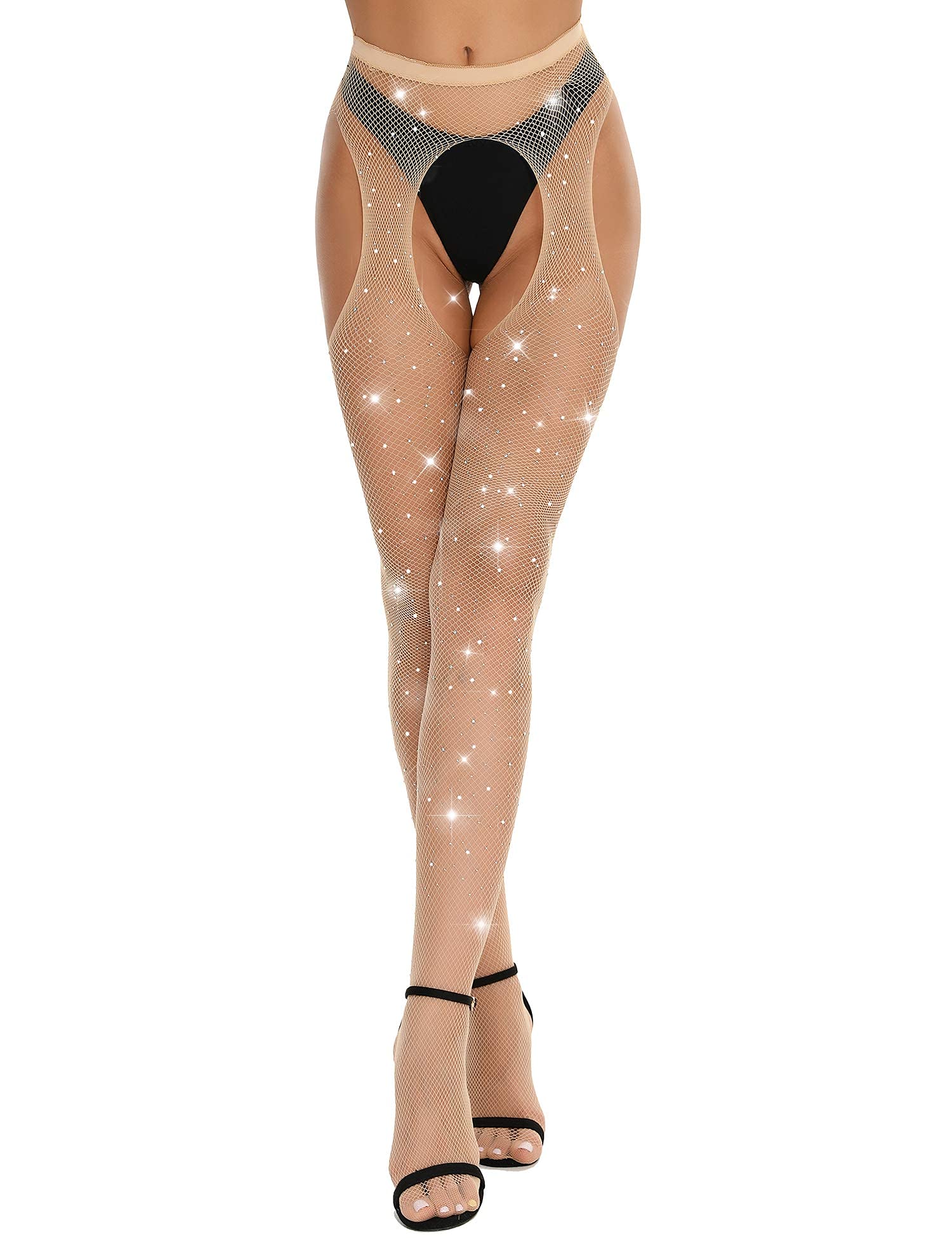 RSLOVE Women's Sexy Rhinestone Fishnet Stockings - High Waist Sparkle Tights Pantyhose for Party, Cosplay & Night Out