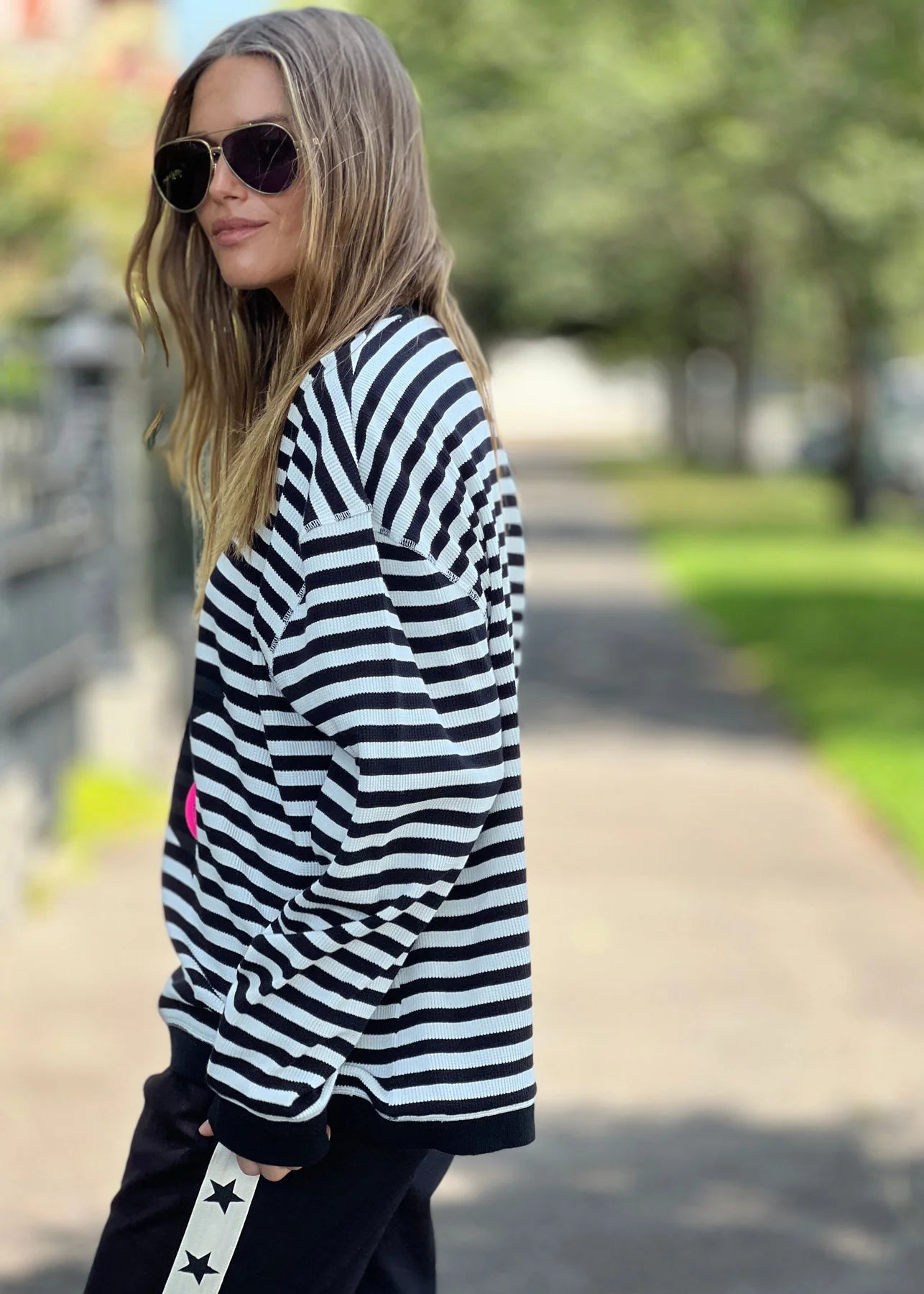 Star Stripe Black & White Waffle Knit Top for Women - Casual Loose Fit Long Sleeve Shirt for Fall & Winter | Perfect for Layering, Office Wear and Weekend Outfits