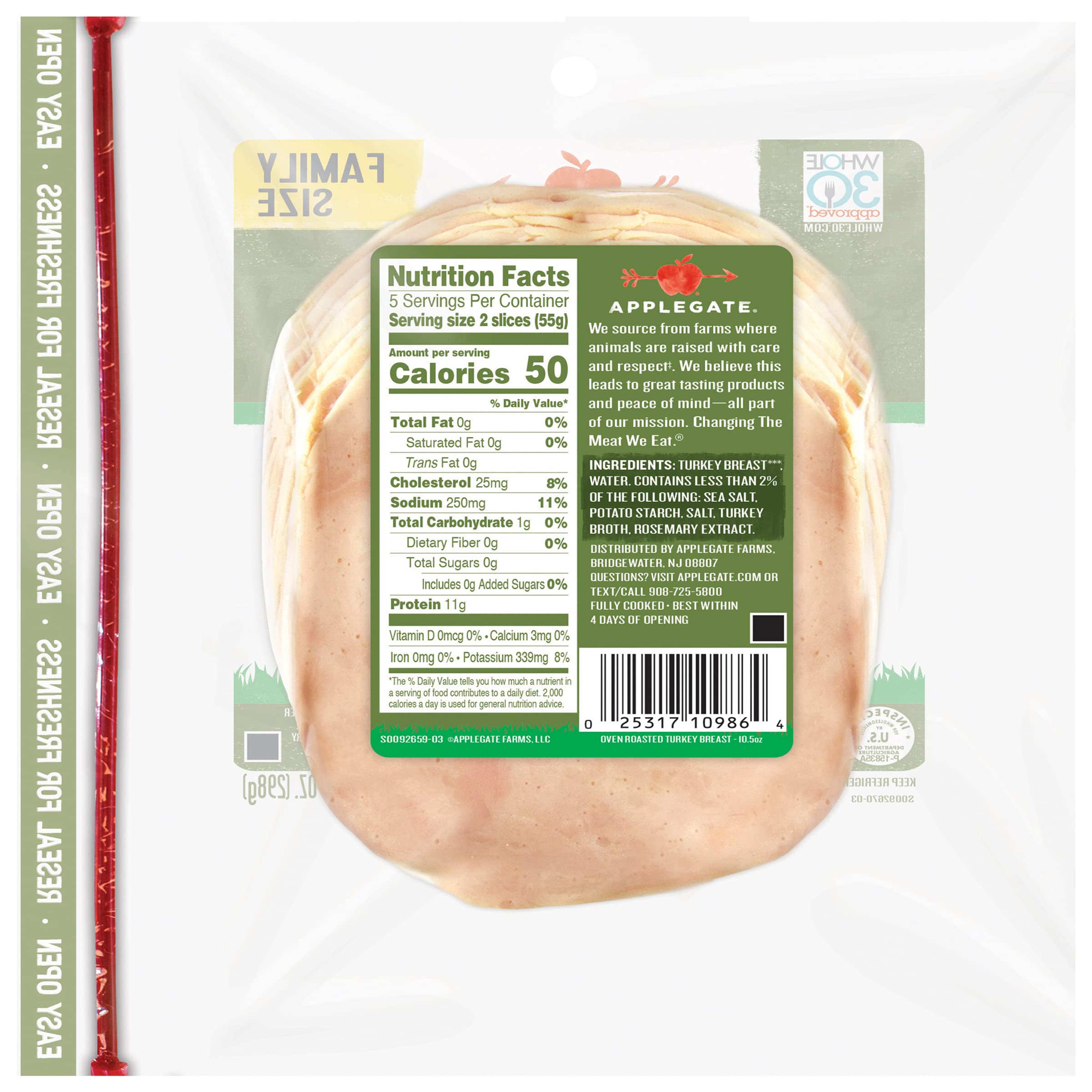 Applegate Natural Oven Roasted Turkey Breast - Family Size 10.5oz | Gluten-Free, No Antibiotics | Healthy Lunch Meat for Sandwiches, Salads & Meal Prep