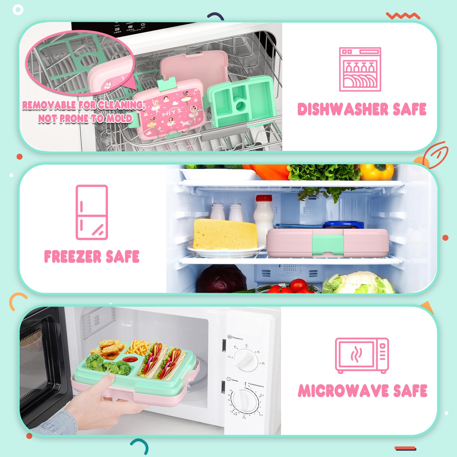 HiYZ 5-Compartment Bento Lunch Box for Kids - Leakproof, Durable & Dishwasher Safe - Perfect Portion Sizes for Toddlers Aged 3-7 - Ballet Design for Daycare, School & Picnics