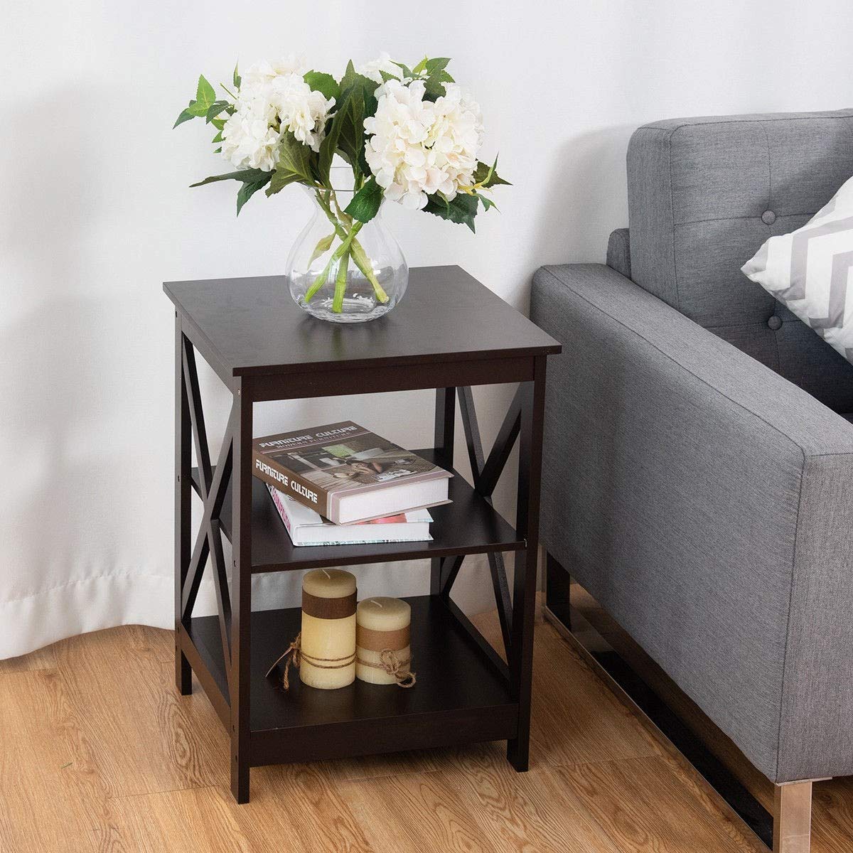 3 Tier Nightstand End Table with Storage - Modern Espresso Wood Bedside Table for Living Room, Bedroom - Perfect for Organizing Books, Lamps & Decor