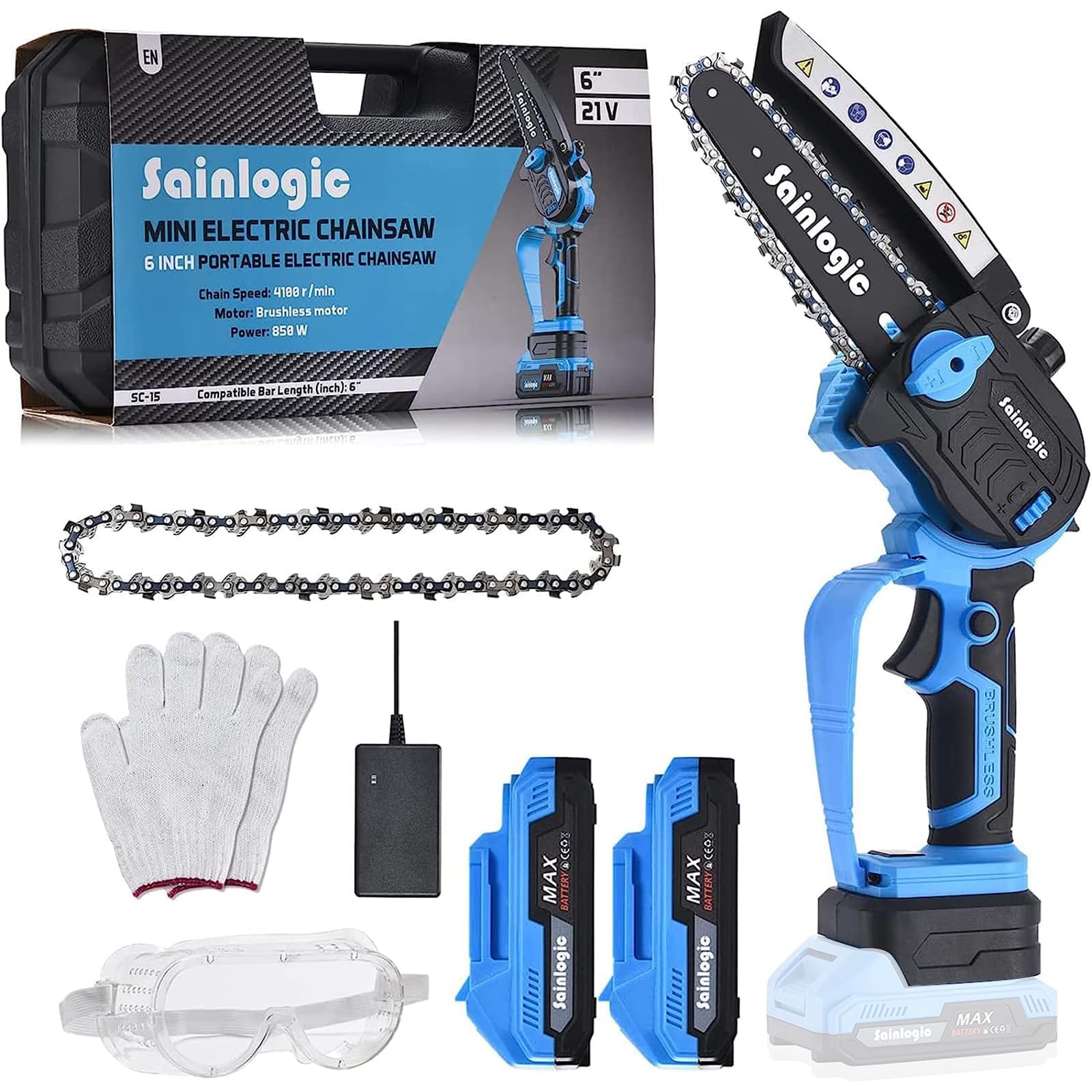 Sainlogic 6-Inch Mini Cordless Chainsaw - Battery Powered Electric Chainsaw with Safety Lock, 2 Batteries Included (Blue) - Perfect for Tree Trimming, Yard Work & DIY Projects