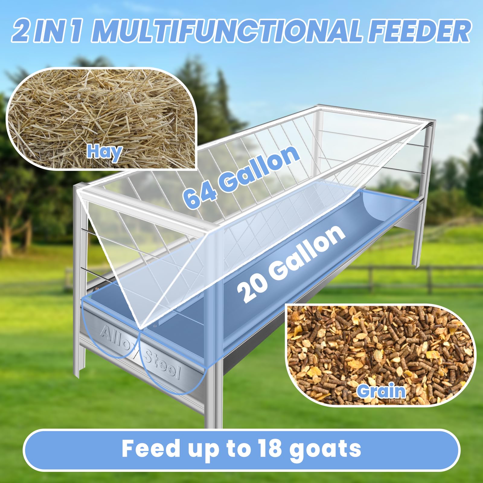 **Alloy Steel Goat Hay Feeder - 2-in-1 Livestock Feeder with 64-Gallon Hay Rack & 20-Gallon Grain Tray - Large Capacity Goat Feeder with Deep Pan - Perfect for Farms, Ranches, and Livestock Feeding**