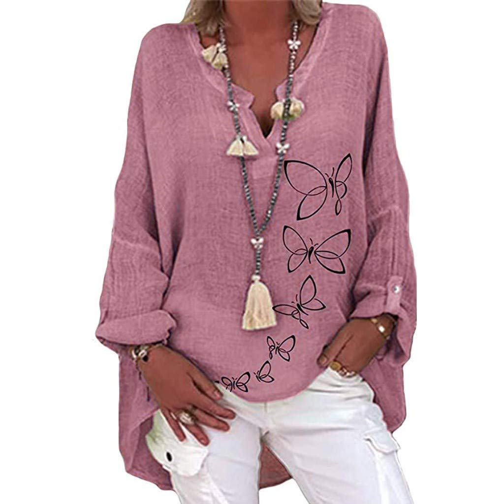 Women's Floral Print V-Neck Long Sleeve Blouse - Dressy Casual Roll Up Shirt for Summer, Loose Fit Tops for Work, Date Night & Outdoor Activities