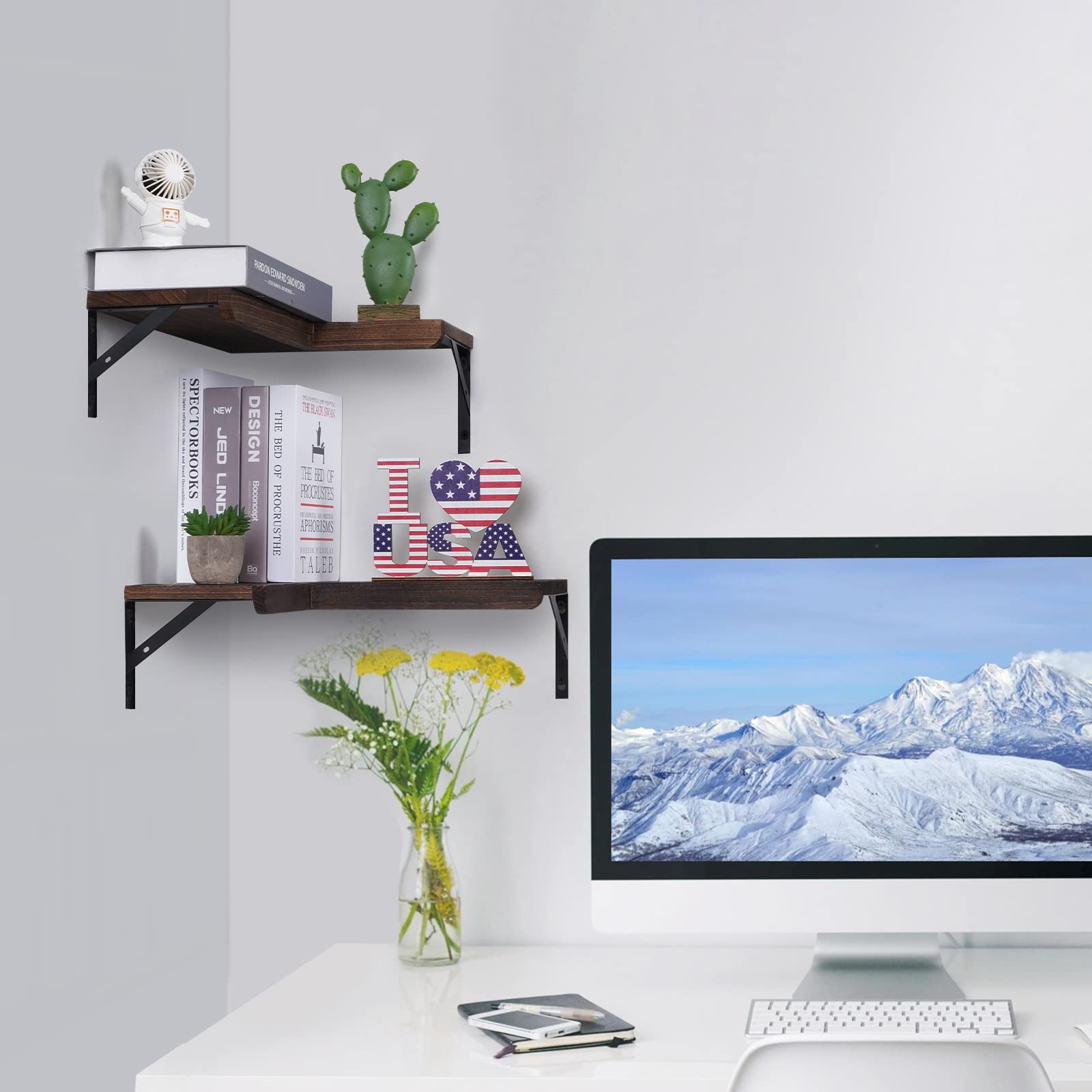 4 Tier Corner Floating Shelves with Protective Lip - Rustic Wooden Wall Mount Storage Shelves for Bathroom, Bedroom, Kitchen & Living Room - Space Saving Corner Shelf Organizer for Home Decor & Display