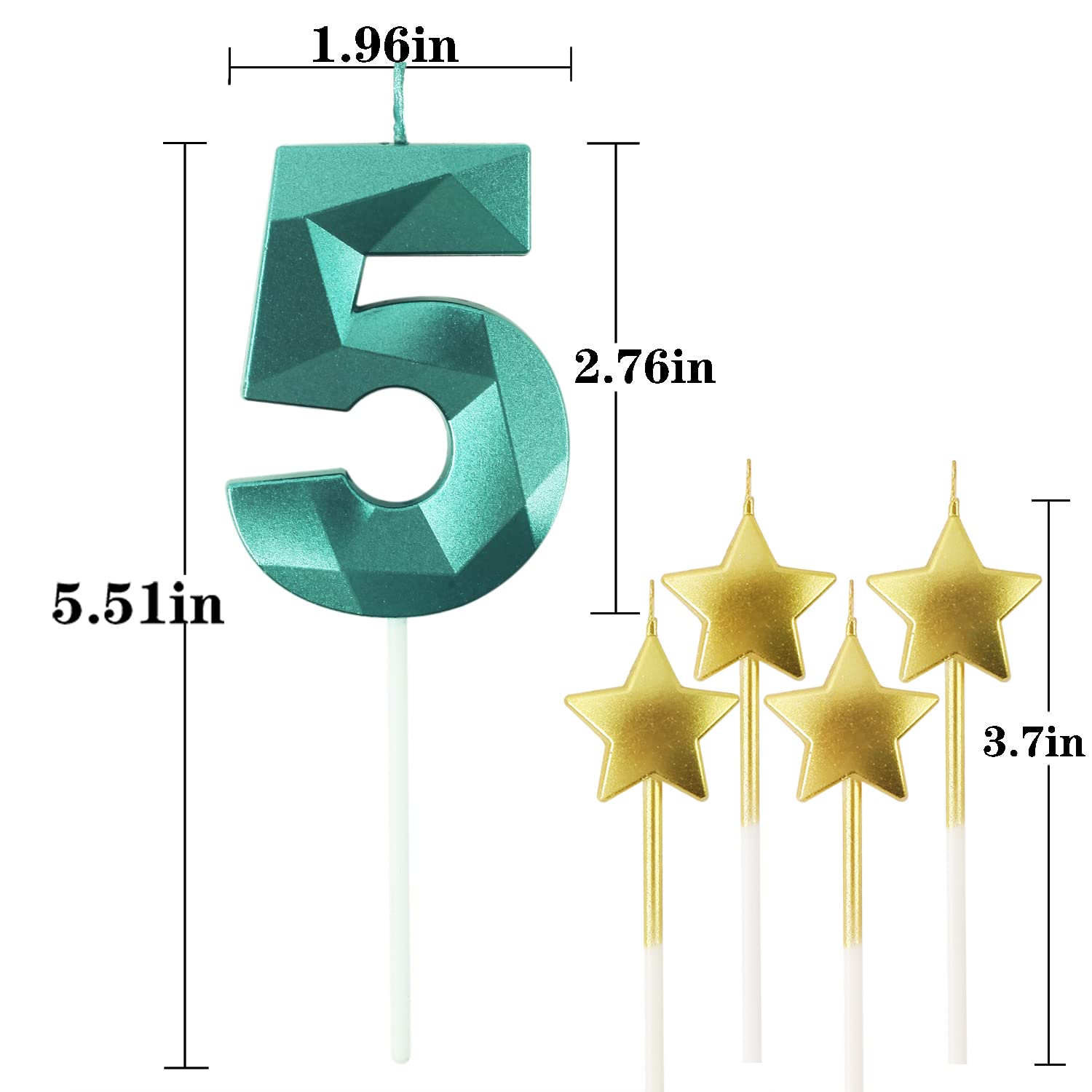 Green Number 5 & Star Birthday Cake Candles - 2.76 Inch 3D Diamond Shaped Candles for Birthday Parties, Anniversary Cake Decorations | Perfect for Kids Birthday Cakes, Wedding Anniversary Celebrations & Special Occasions