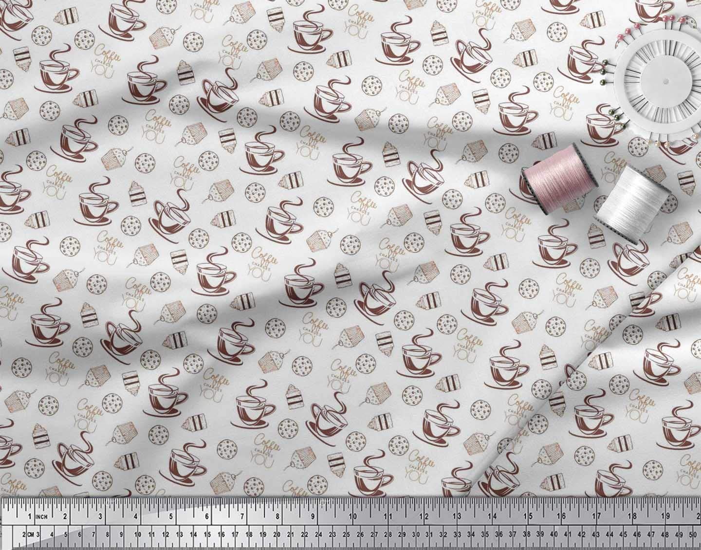 Soimoi Cotton Voile Fabric by The Yard - 42 Inch Wide White Coffee Cookies & Cupcake Print Textile - Sweet & Cozy Pattern for Fashion, DIY Clothing, Home Decor, Curtains & Quilting Projects