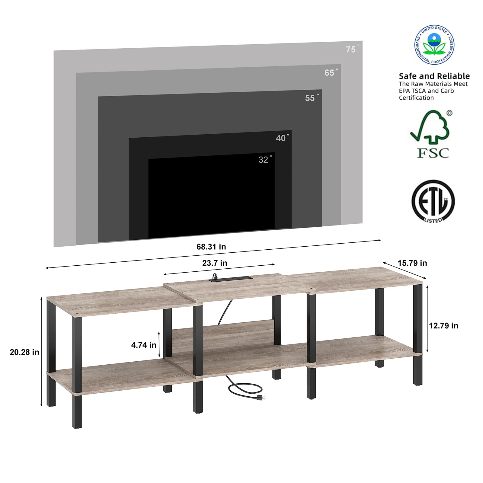 **75 Inch Wood TV Stand with Power Outlet - Industrial Style Media Console for 45/55/65/75 Inch TVs - Living Room Entertainment Center (Model: CALTV06ZE) - Perfect for Home Theater & Modern Decor**