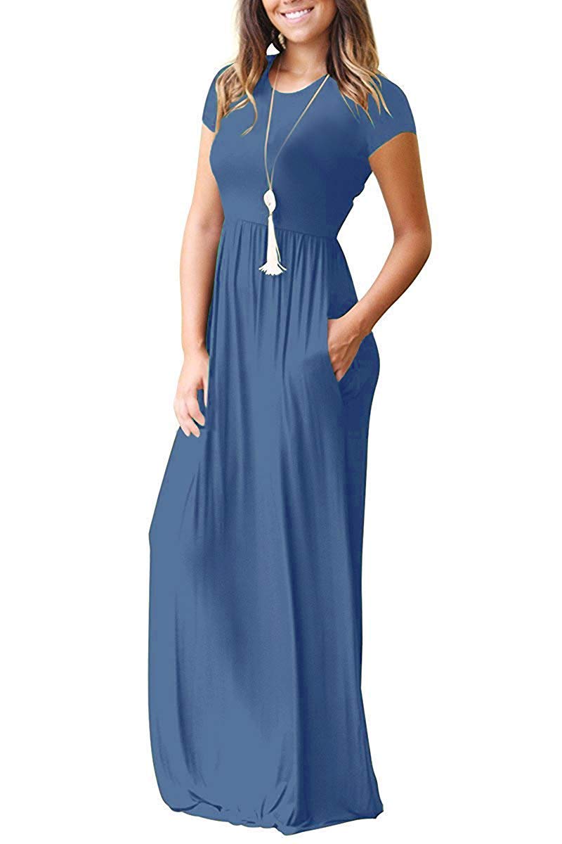 MISFAY Women's Casual Short Sleeve Loose Plain Maxi Dress with Pockets - Summer Beach Long Dress for Vacation, Outdoor, and Daily Wear