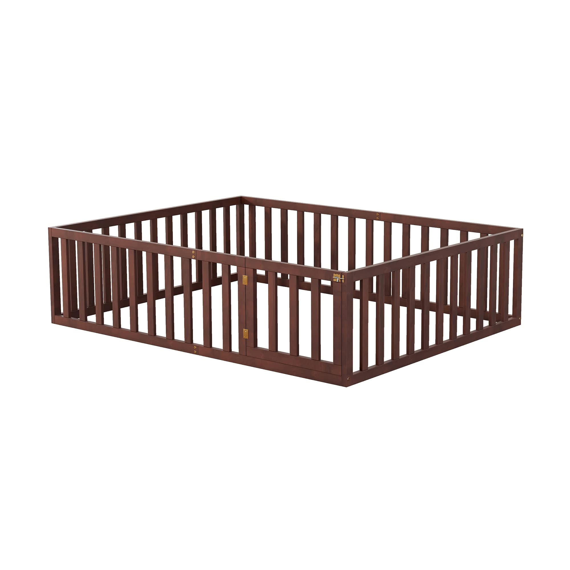 SOFTSEA Queen Floor Bed with Fence & Door - Sturdy Wooden Bed Frame for Kids & Teens - Low Profile Mattress Foundation (Spring Required) - Perfect for Montessori Rooms, Small Spaces & Sleep Safety