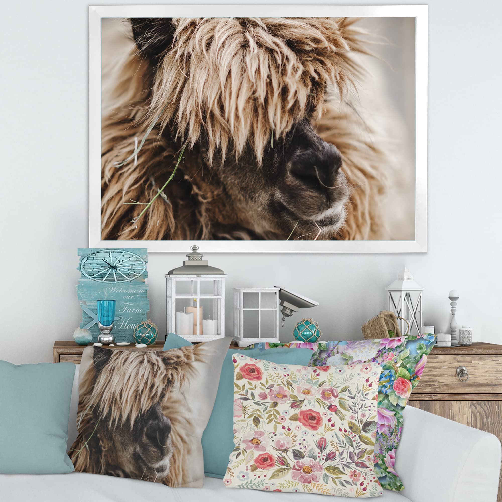 Fluffy Curly Alpaca Portrait - Farmhouse Style Framed Wall Art Decor for Living Room, Bedroom & Nursery | Cozy Animal Painting Home Décor