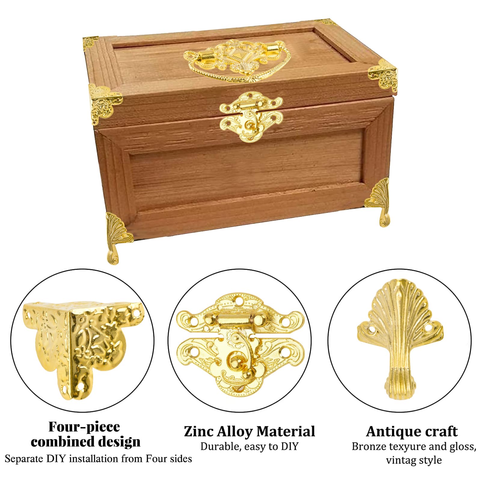 Antique Gold Jewelry Box Hardware Kit - Lock Latch, Hinges, Handles & Corner Protectors for DIY Wooden Jewelry Chest | Perfect for Jewelry Storage, Gift Boxes & Home Décor Projects