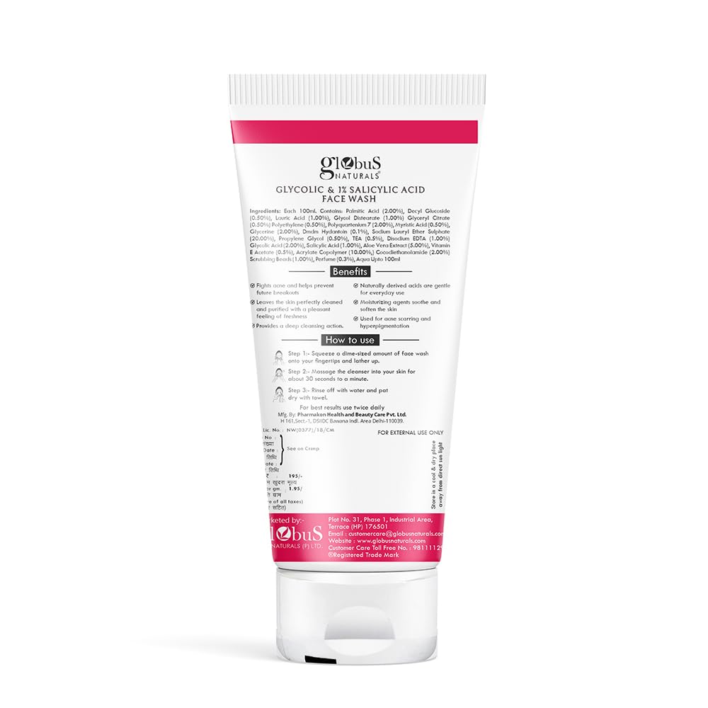 Globus Naturals Glycolic Acid 1% Salicylic Acid Anti Acne Face Gel - Herbal Formula with Licorice & Oats for Acne Treatment, Oil Control, Dark Spot Reduction - 100ml (Pack of 3) | Daily Skincare for Oily & Acne-Prone Skin