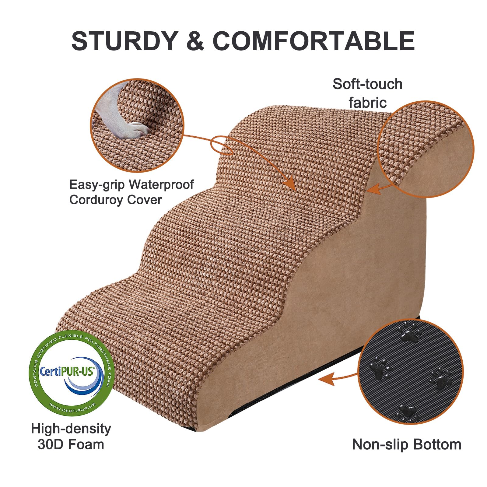 Ryoizen 3-Tier Non-Slip Dog Stairs for Small Dogs & Puppies - High Density Foam Pet Steps for High Beds & Couches - Perfect Dog Ladder with Bonus Lint Roller (Tan Brown) - Ideal for Elderly Pets, Injured Dogs & Home Use
