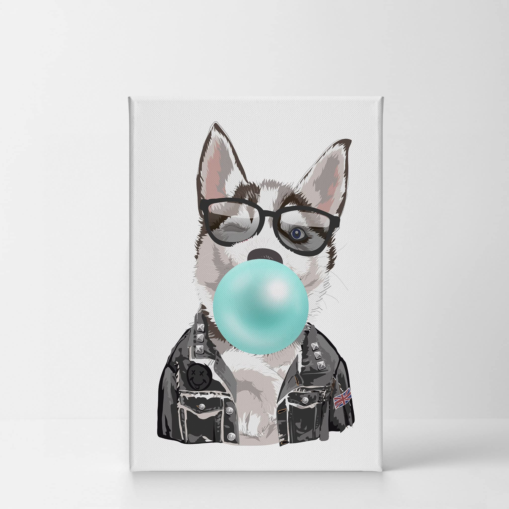 Smile Art Design Husky Dog Portrait in Jacket & Glasses Chewing Blue Bubble Gum - Canvas Wall Art Print for Pet Lovers, Animal Decor - Perfect for Living Room, Bedroom, Nursery & Kids Room - 12x8 Inches