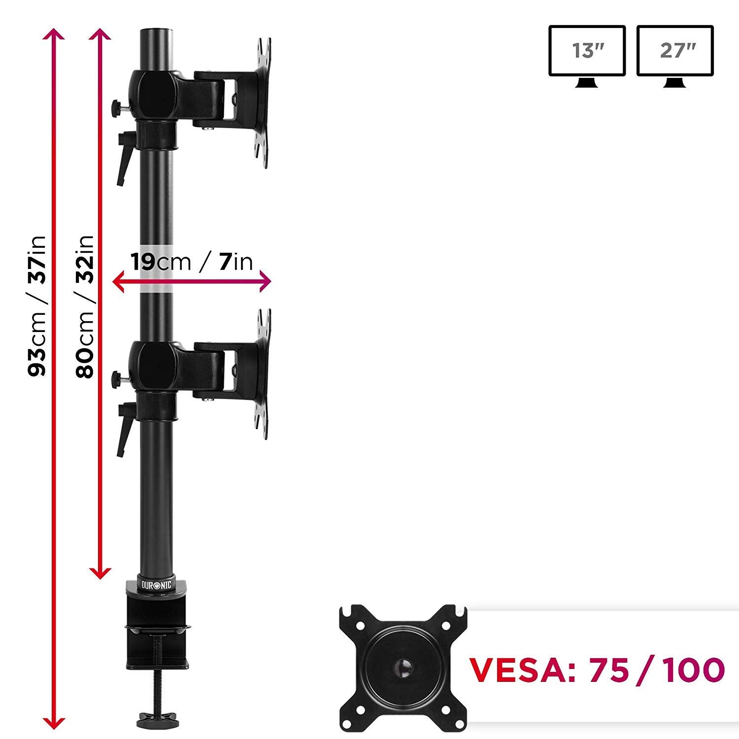 Duronic DM35V2X1 Dual Vertical Monitor Stand - Adjustable 2 Monitor Arm Mount for 13-27