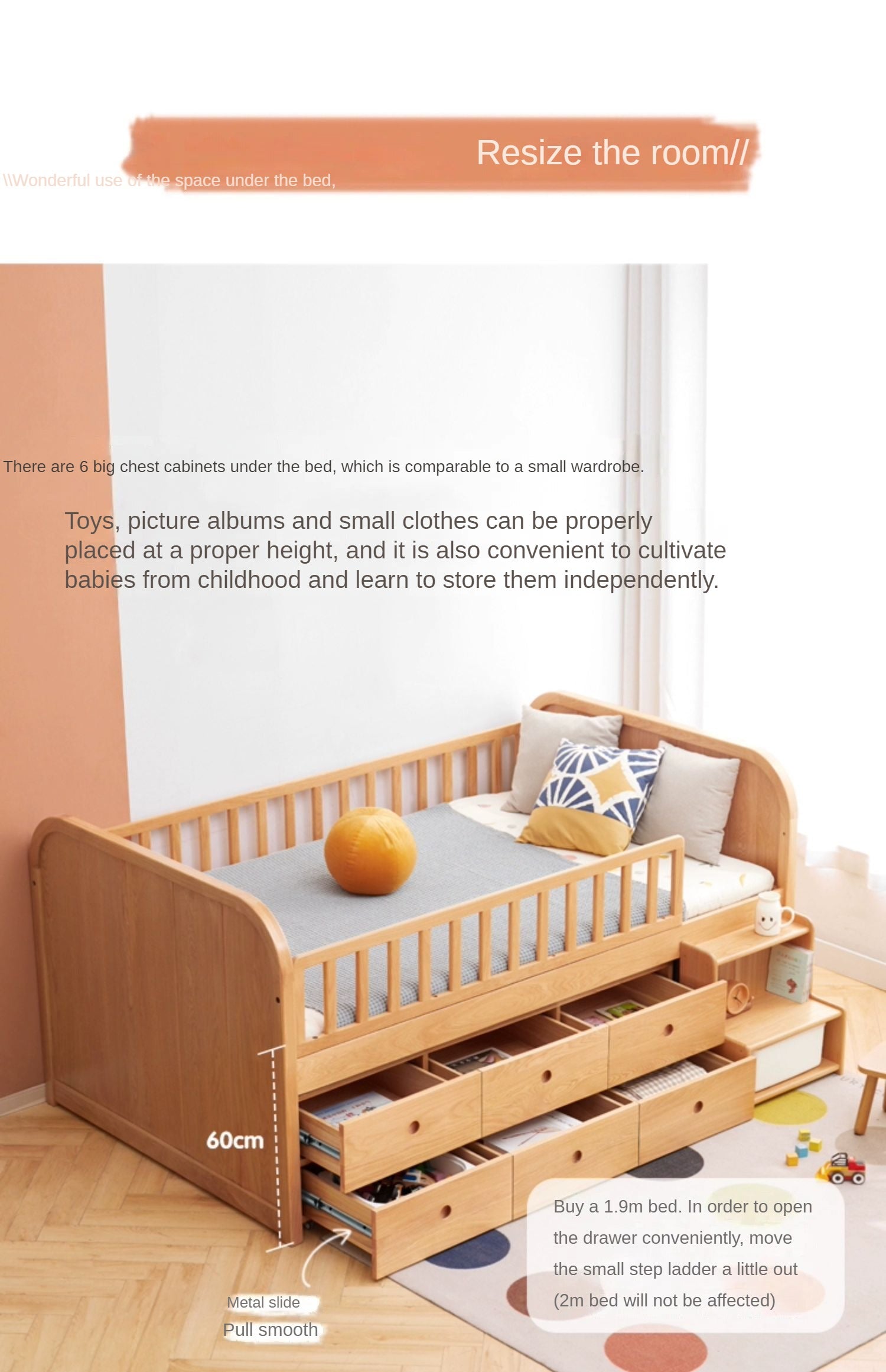Solid Oak Wood Multi-Function Storage Bed with Wide Underbed Drawers - Perfect for Bedroom Organization & Small Space Living