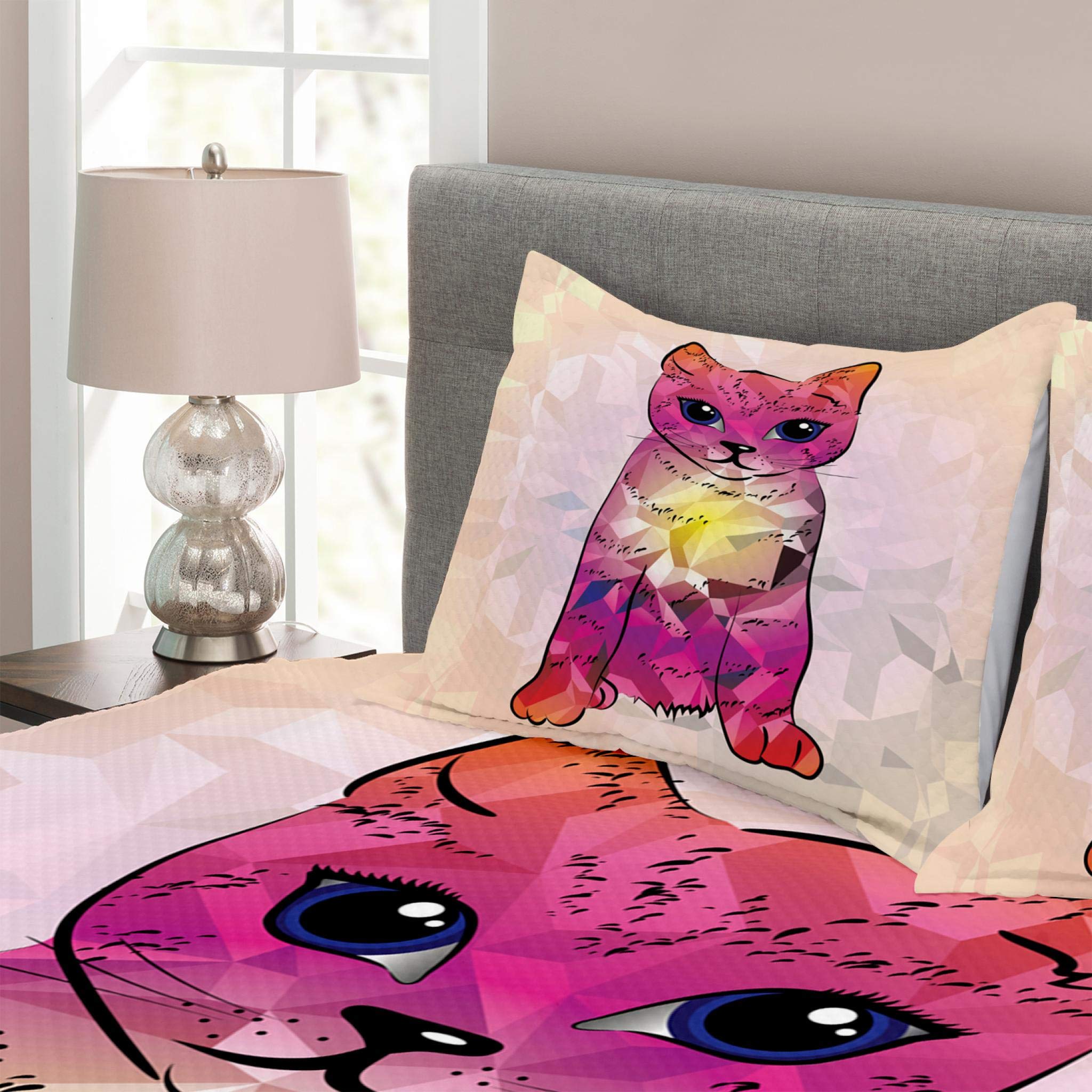 Ambesonne Cat Bedspread Set - Geometric Digital Robot Cat Design with Retro Tech Patterns, 3-Piece King Size Bedding Set with Coverlet & 2 Pillow Shams in Pink Fuchsia | Perfect for Modern Bedroom Decor, Themed Guest Rooms & Cat Lover Gifts