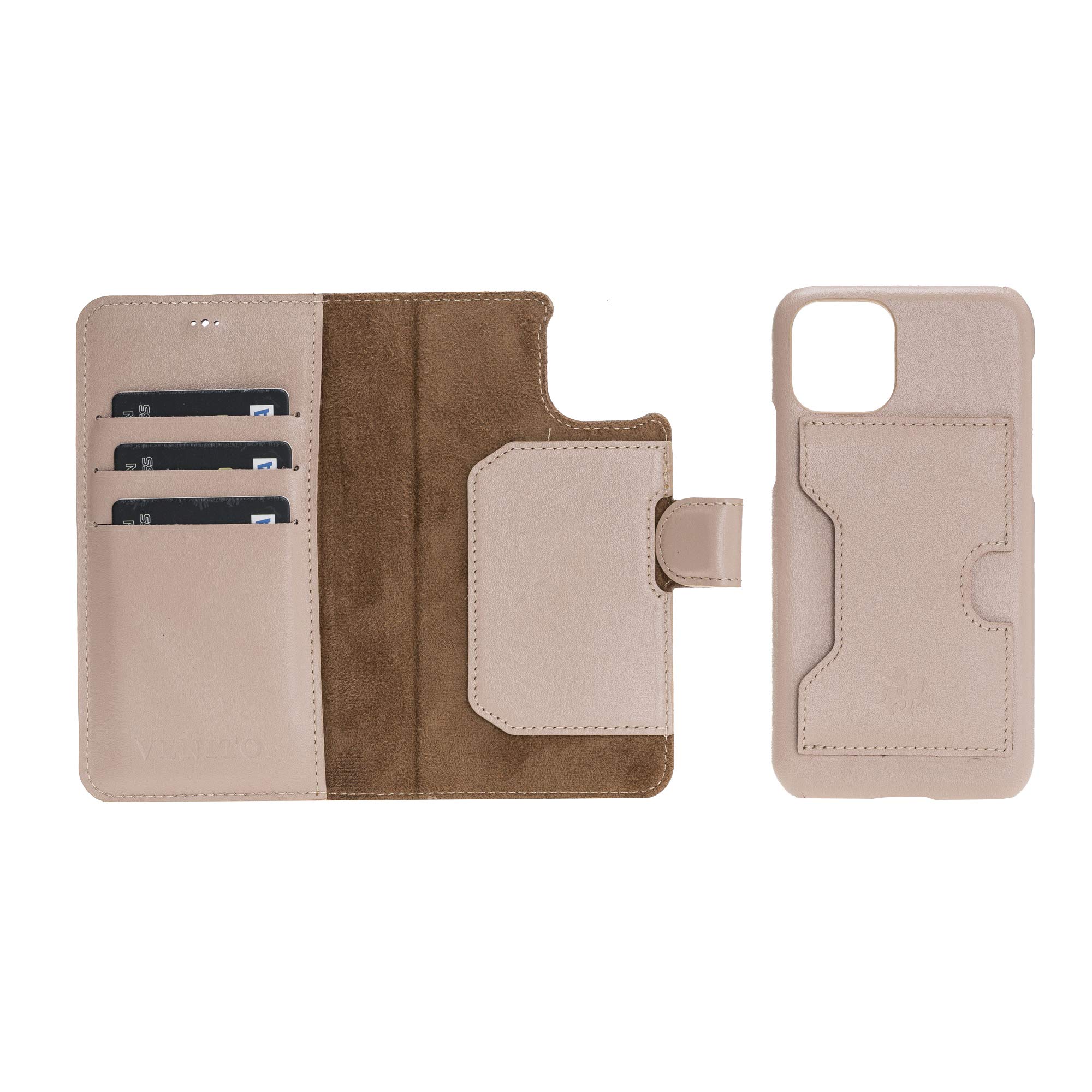 Venito Florence Genuine Leather Wallet Phone Case for iPhone 11 Pro - RFID Blocking Protection - Detachable Card Holder - Nude Pink - Perfect for Travel, Shopping & Everyday Use