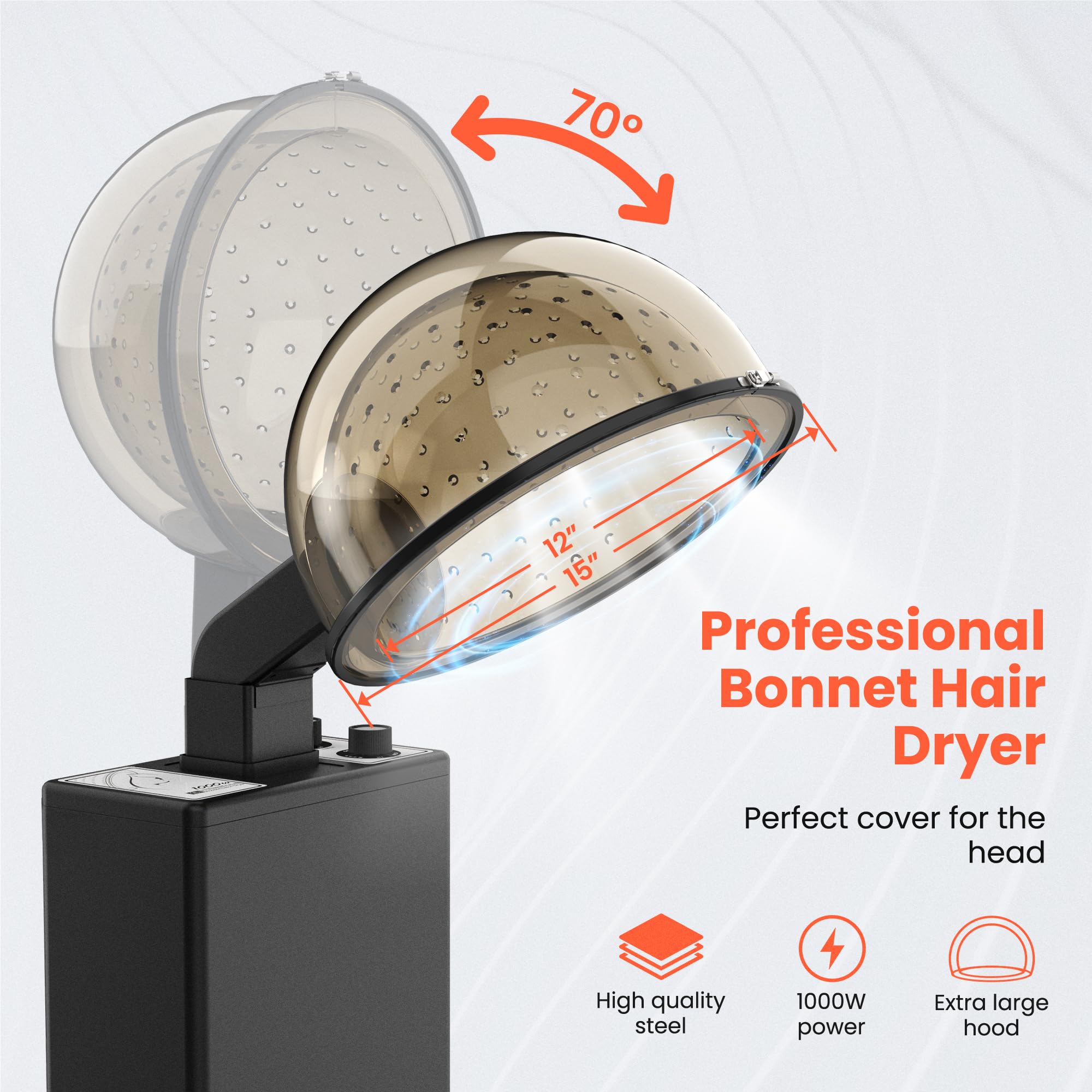 TASALON Professional Hooded Hair Dryer - 1000W Salon Hair Dryer Bonnet with Adjustable Hood Arm, Air Filter, 60-Min Timer & Temp Control - 15'' Black Hair Dryer Stand for Salon & Home Use - Perfect for Deep Conditioning, Styling & Hair Treatments