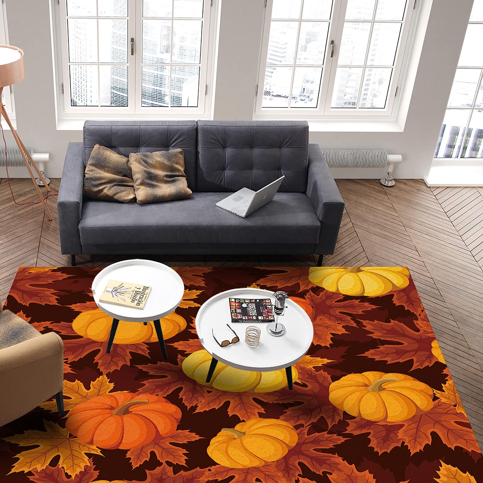 Thanksgiving Rectangular Area Rug 2'7'' x 5' - Large Indoor Outdoor Carpet for Living Room, Dining Room, Bedroom, Patio & Deck - Fall Decor with Pumpkin and Maple Leaf Design - Perfect for Holiday Gatherings & Seasonal Home Decor