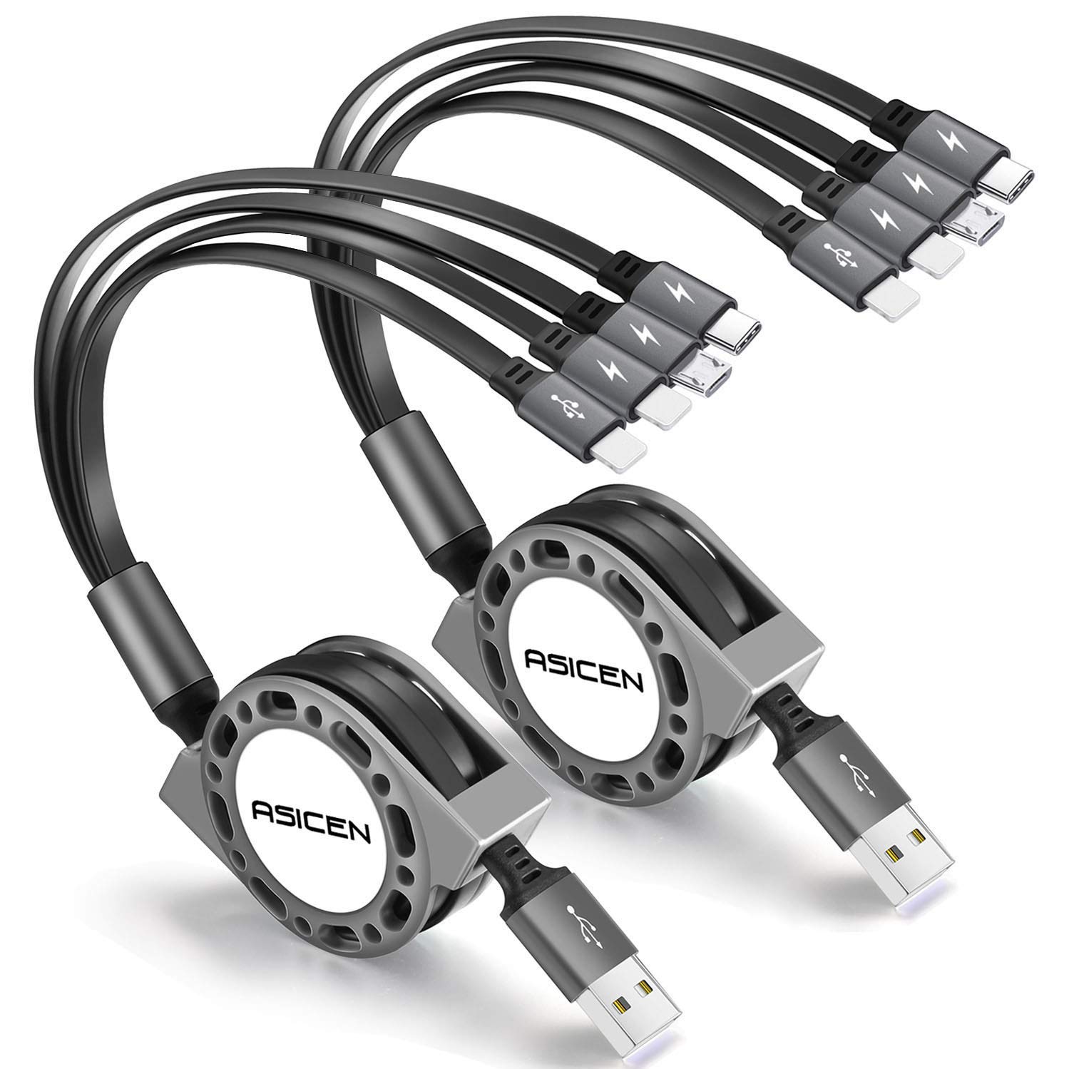 2-Pack 4-in-1 Retractable Charging Cable (5Ft) - Compatible with iPhone 16/15/14, Samsung & More - Fast Charging USB Cable with Lightning/Type-C/Micro USB Ports - Perfect for Travel, Office & Home Use