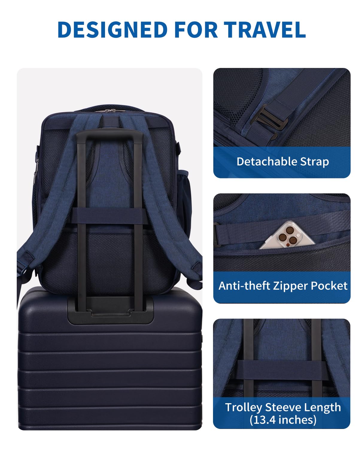WANDF Expandable 17 Inch Laptop Backpack - Airline Approved Carry-On Bag 18x14x8 with Water-Resistant Pocket for Men & Women (Navy Blue) - Perfect for Travel, Work & School