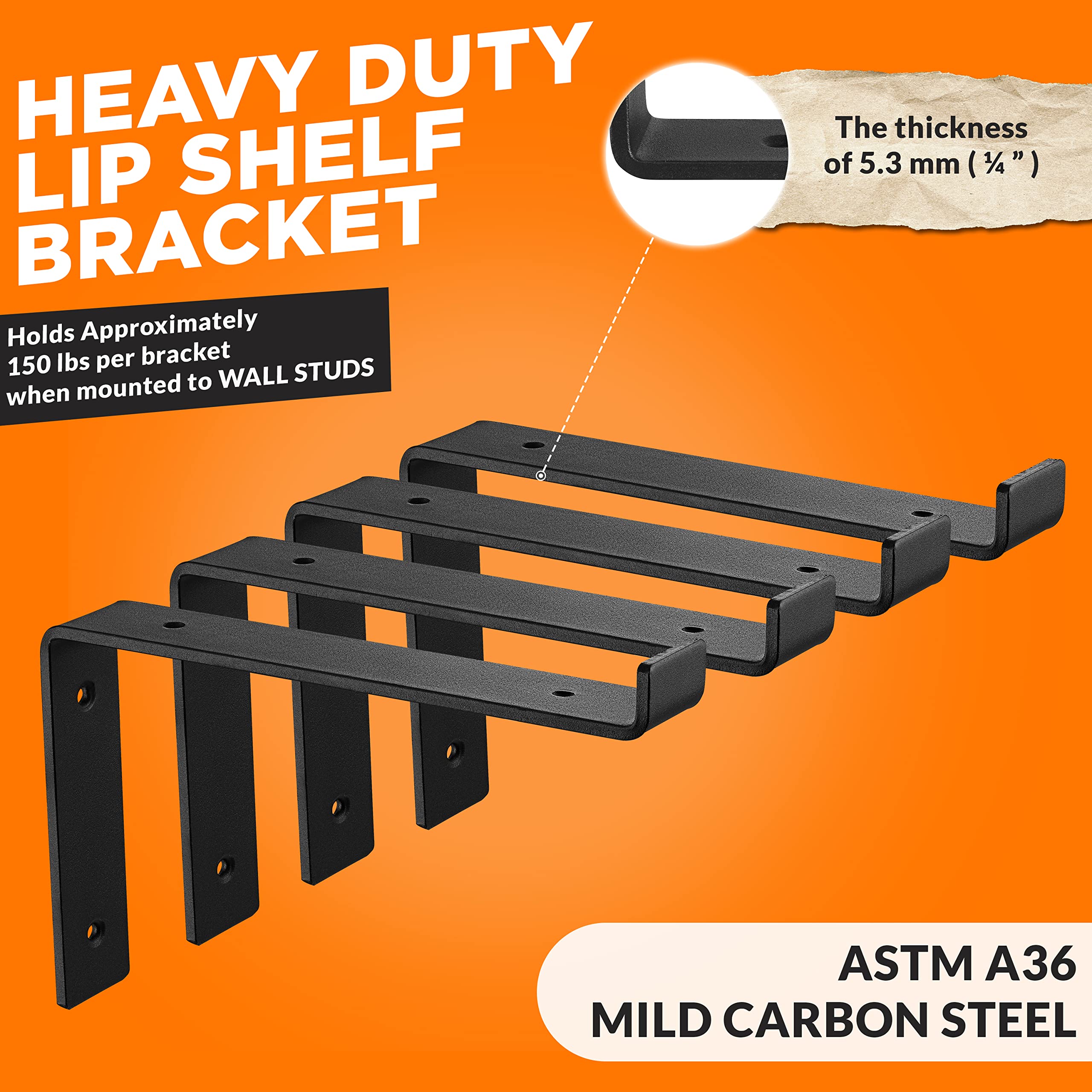 BATODA 10 Inch Heavy Duty Black Shelf Brackets with Lip - 6 Pack Z-Shaped Wall Mounted Brackets for 9.25