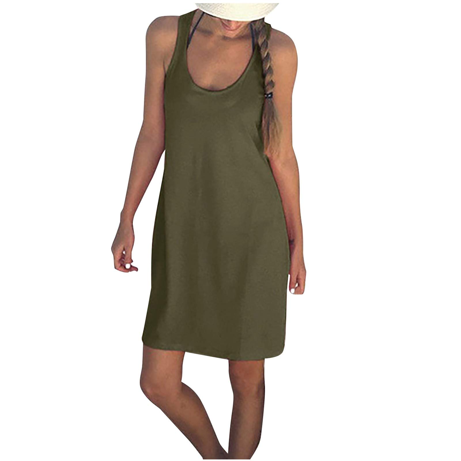 Kaideny Women's Summer Casual V-Neck Short Sleeve Boho Beach Dress - Green Tank Vest Dress for Casual Wear, Vacation & Beach Cover Up